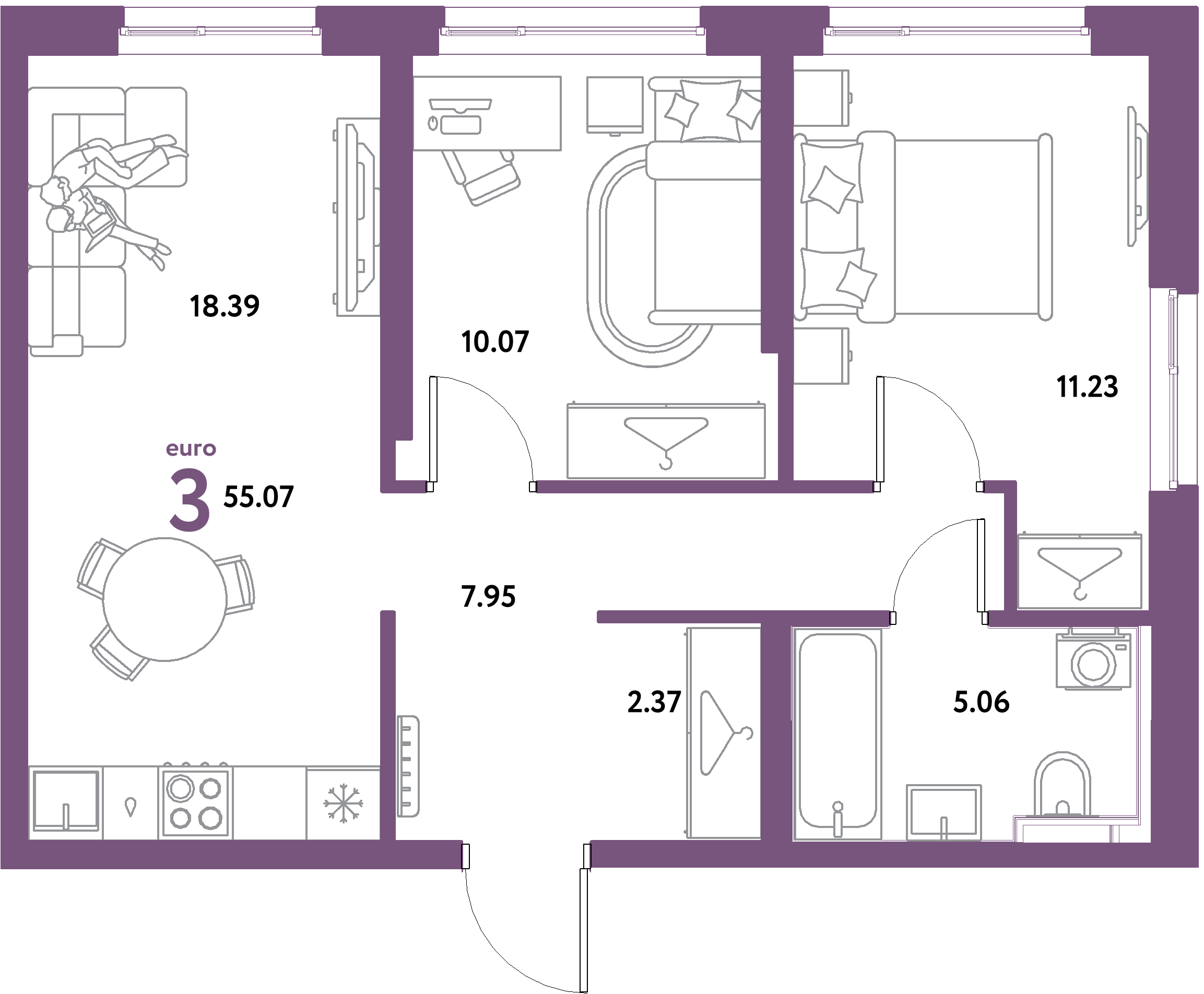 ЖК "Уральский сад"-3-комнатная 55.07 м²