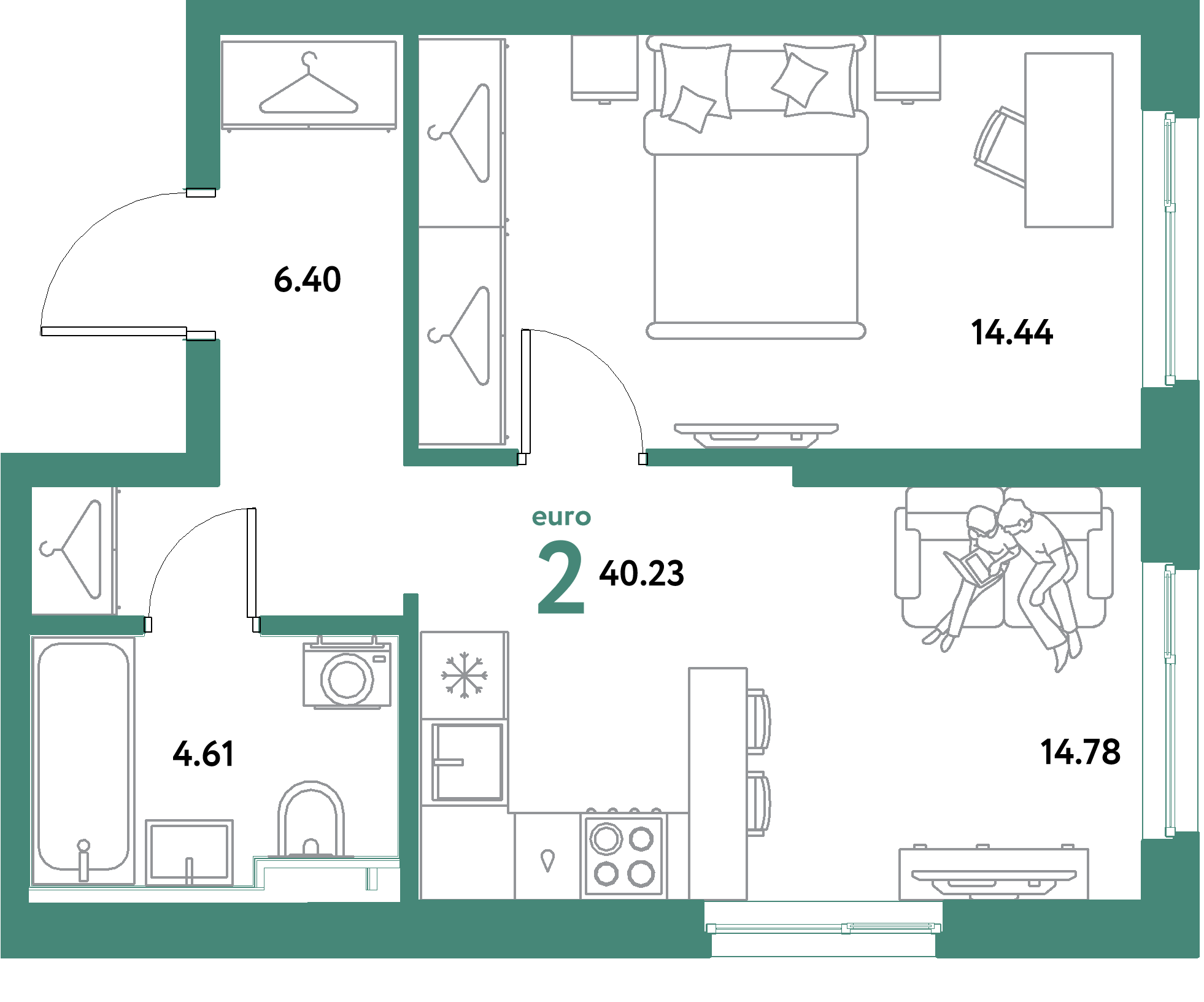ЖК "Уральский сад"-2-комнатная 40.23 м²