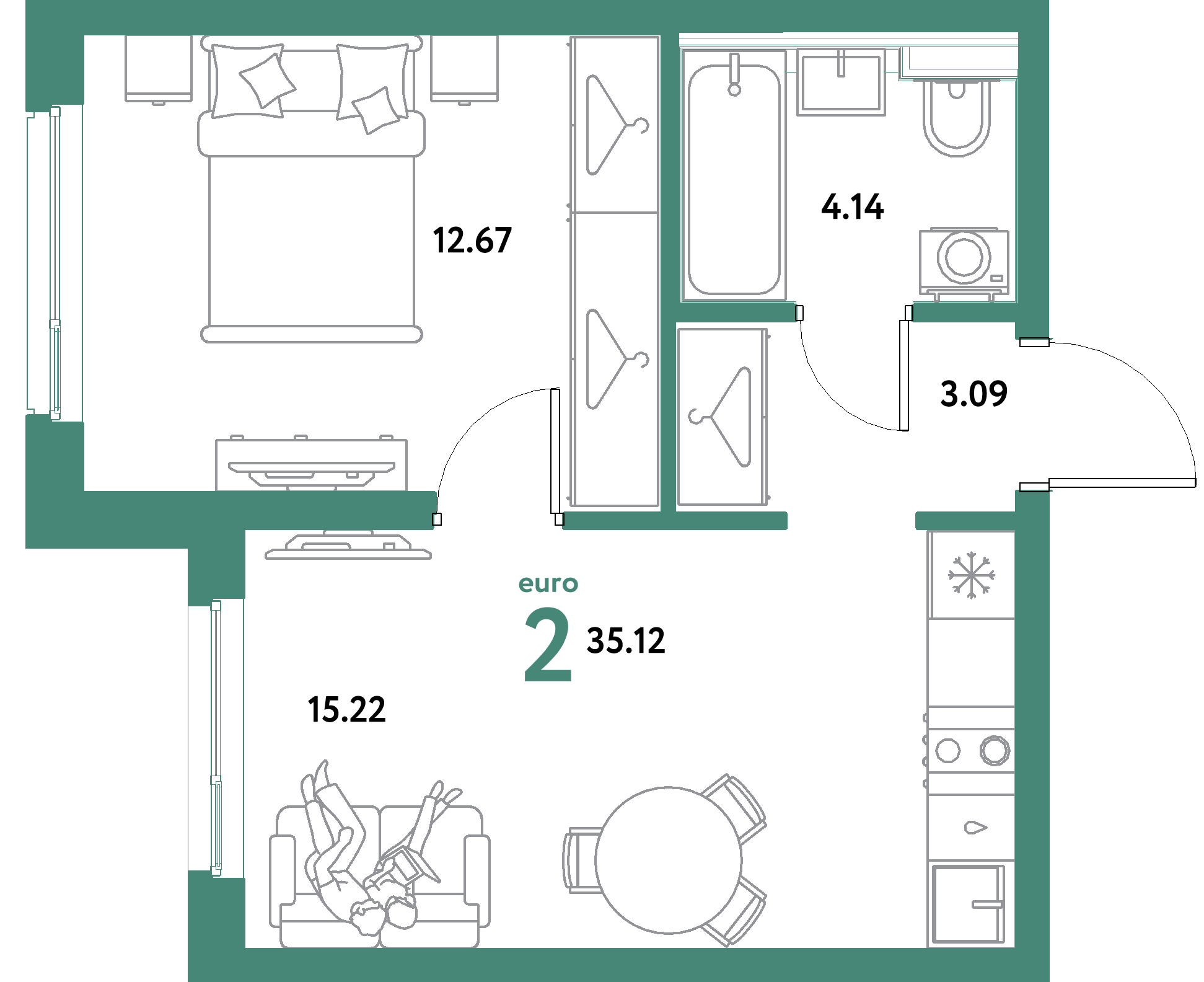 ЖК "Уральский сад"-2-комнатная 35.12 м²