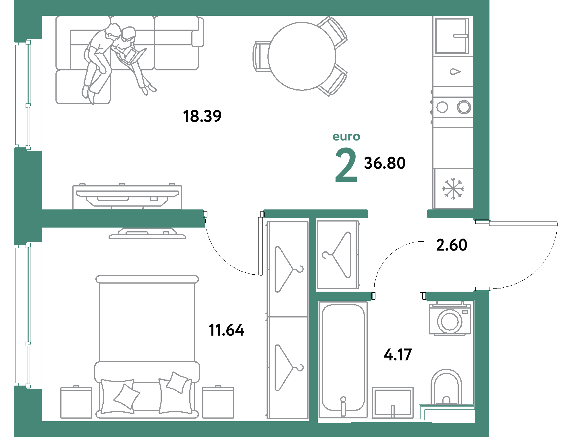 ЖК "Уральский сад"-2-комнатная 36.8 м²