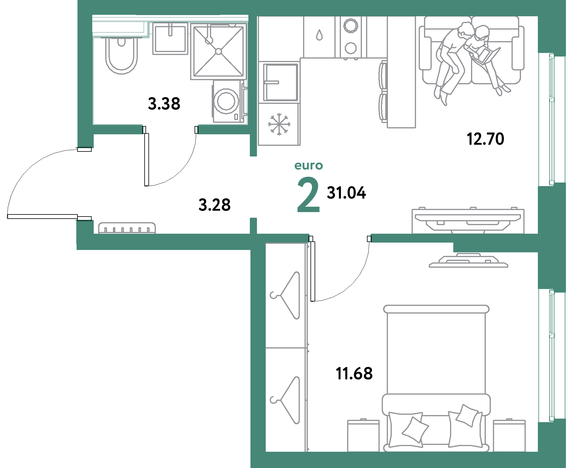 ЖК "Уральский сад"-2-комнатная 31.04 м²