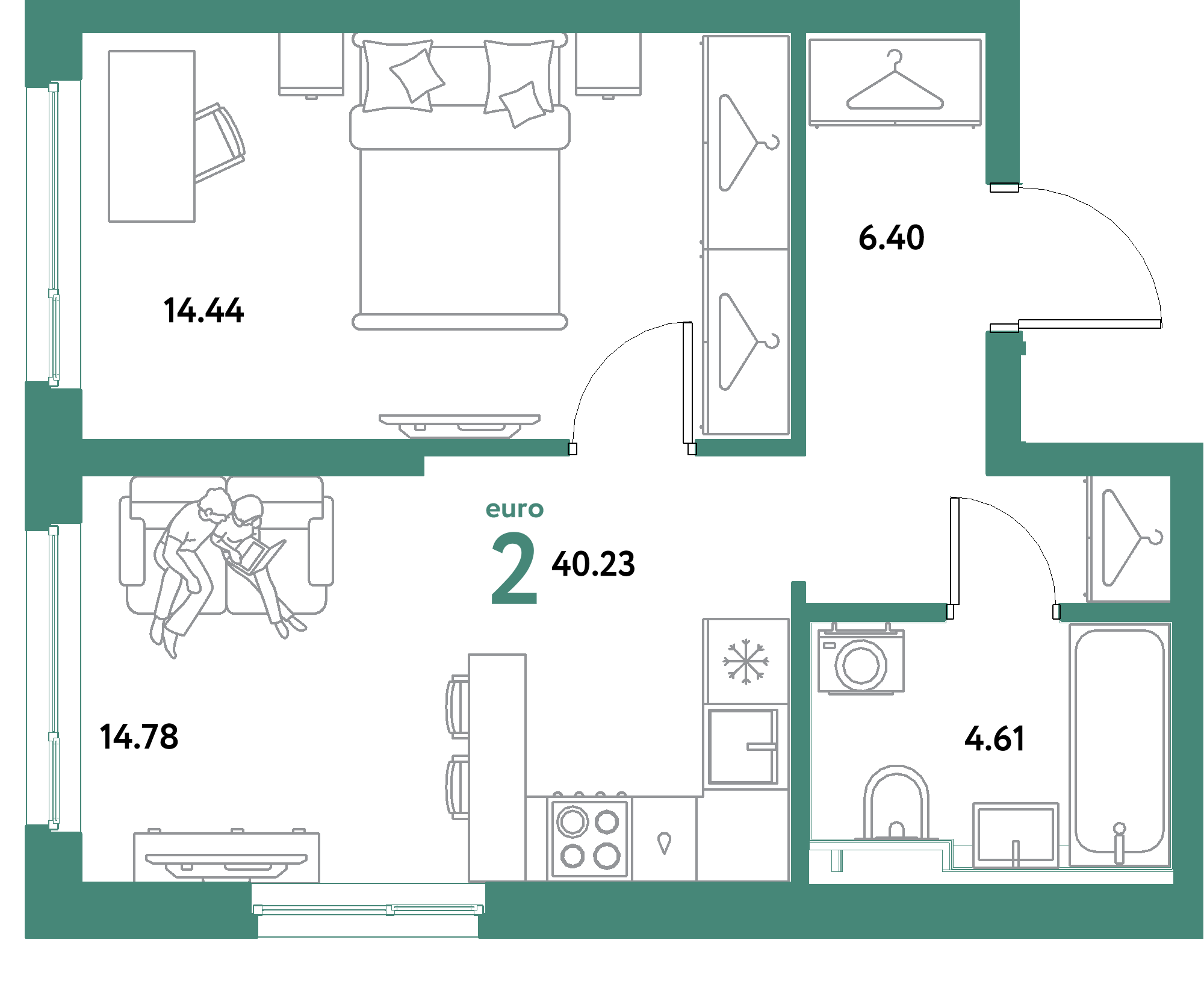 ЖК "Уральский сад"-2-комнатная 40.23 м²