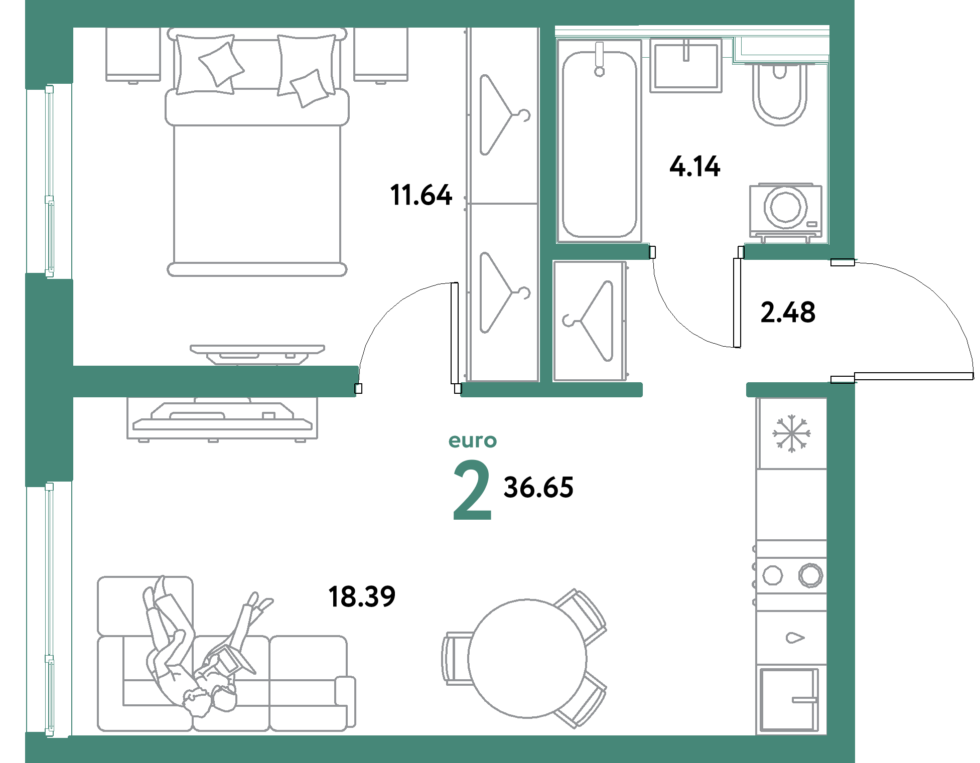 ЖК "Уральский сад"-2-комнатная 36.65 м²