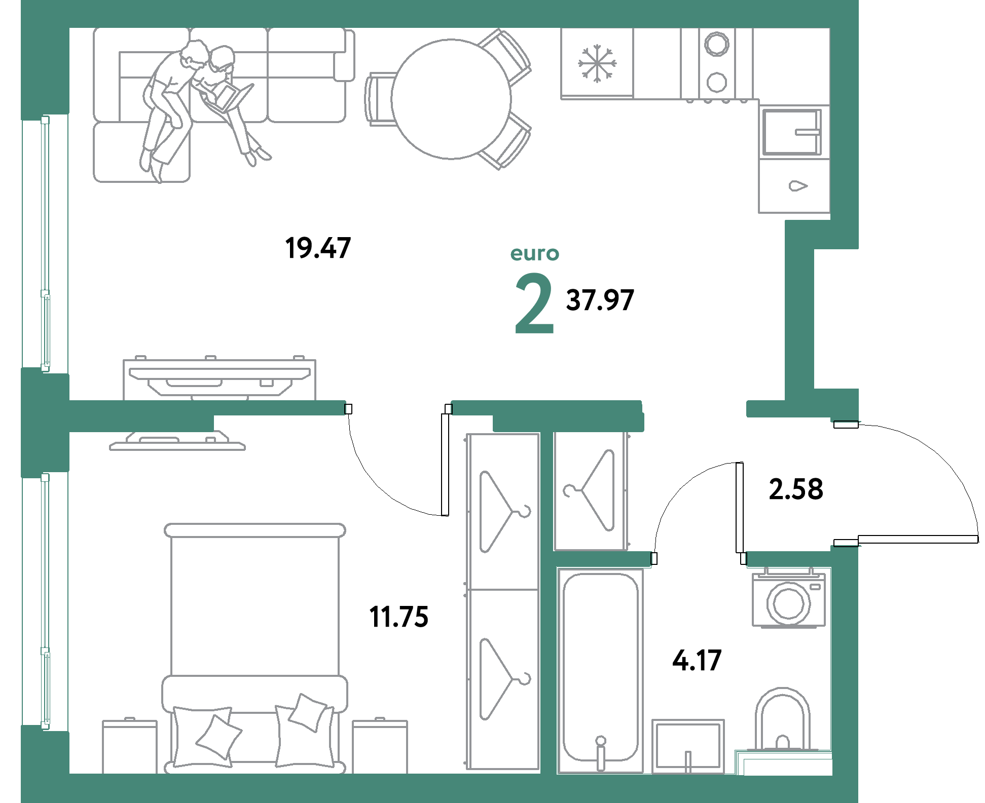 ЖК "Уральский сад"-2-комнатная 37.97 м²