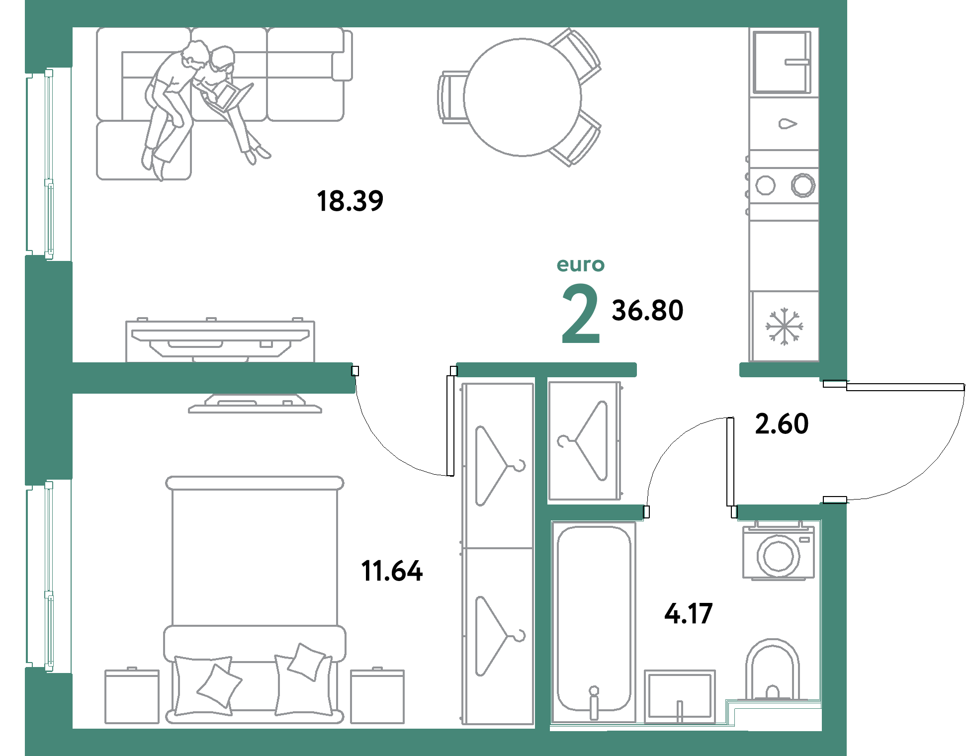 ЖК "Уральский сад"-2-комнатная 36.8 м²
