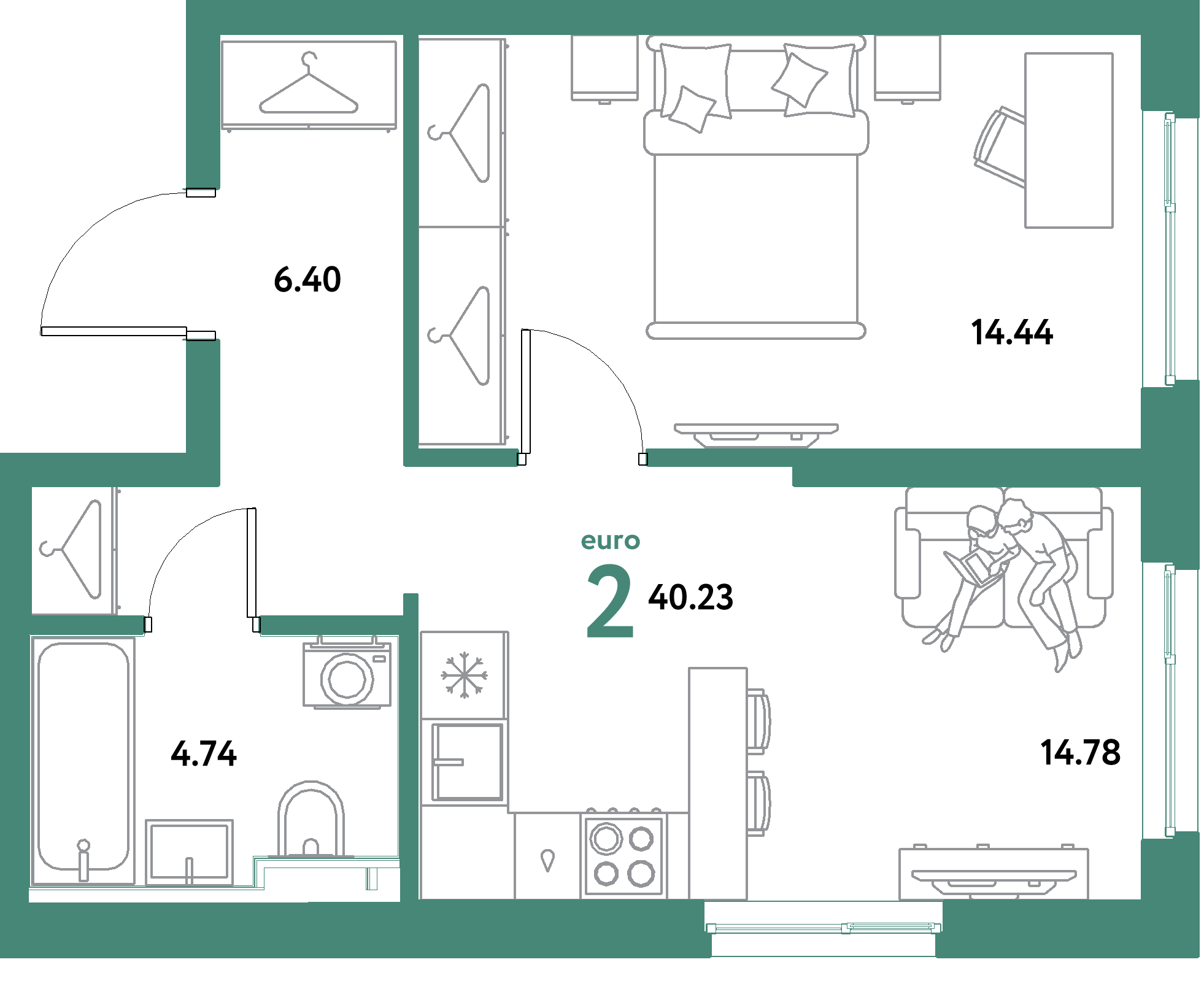 ЖК "Уральский сад"-2-комнатная 40.23 м²