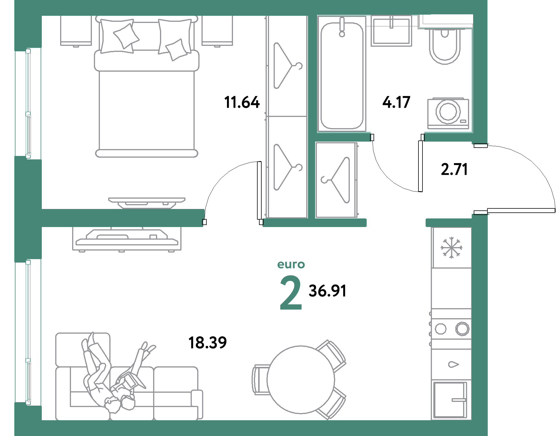 ЖК "Уральский сад"-2-комнатная 36.91 м²