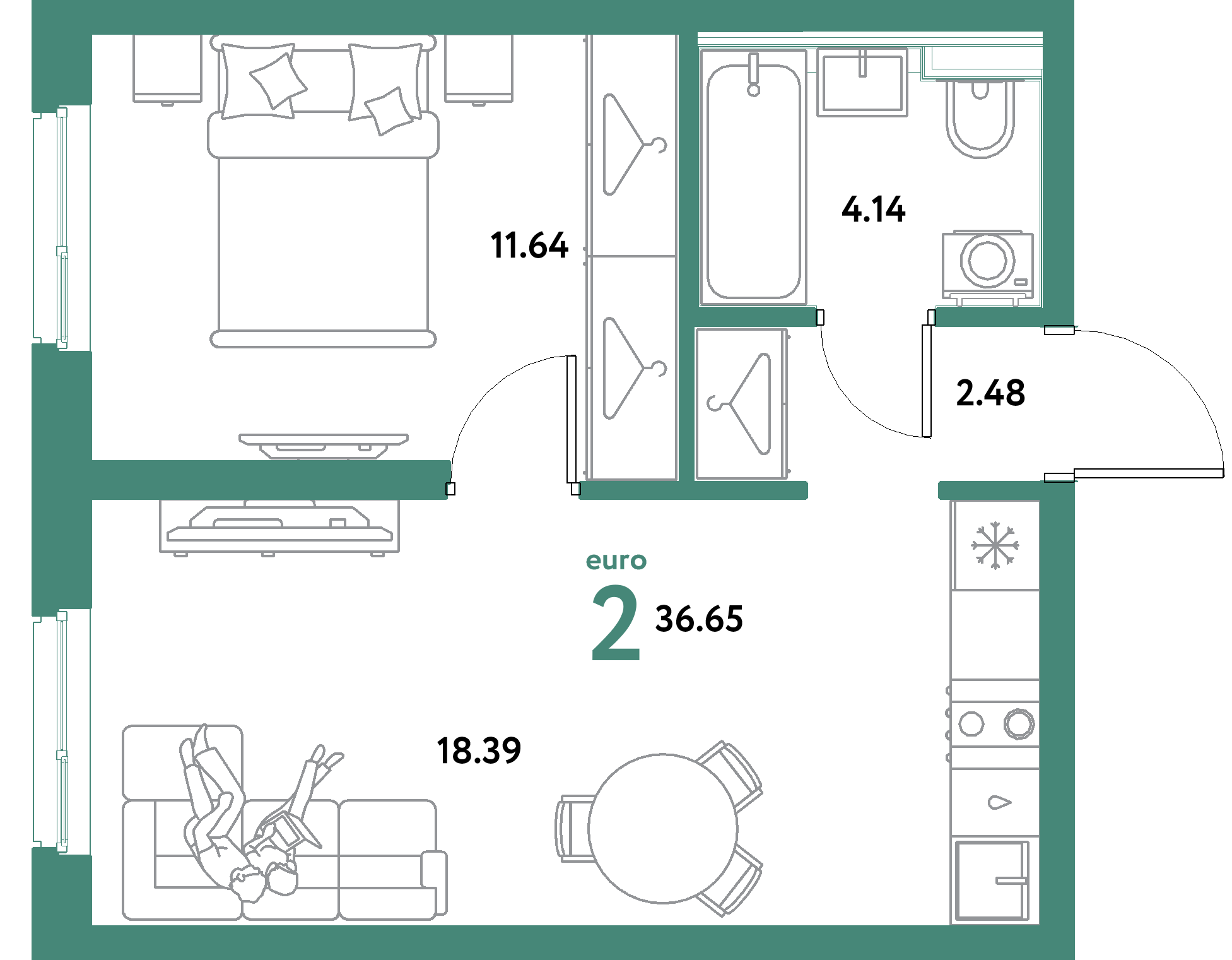 ЖК "Уральский сад"-2-комнатная 36.65 м²
