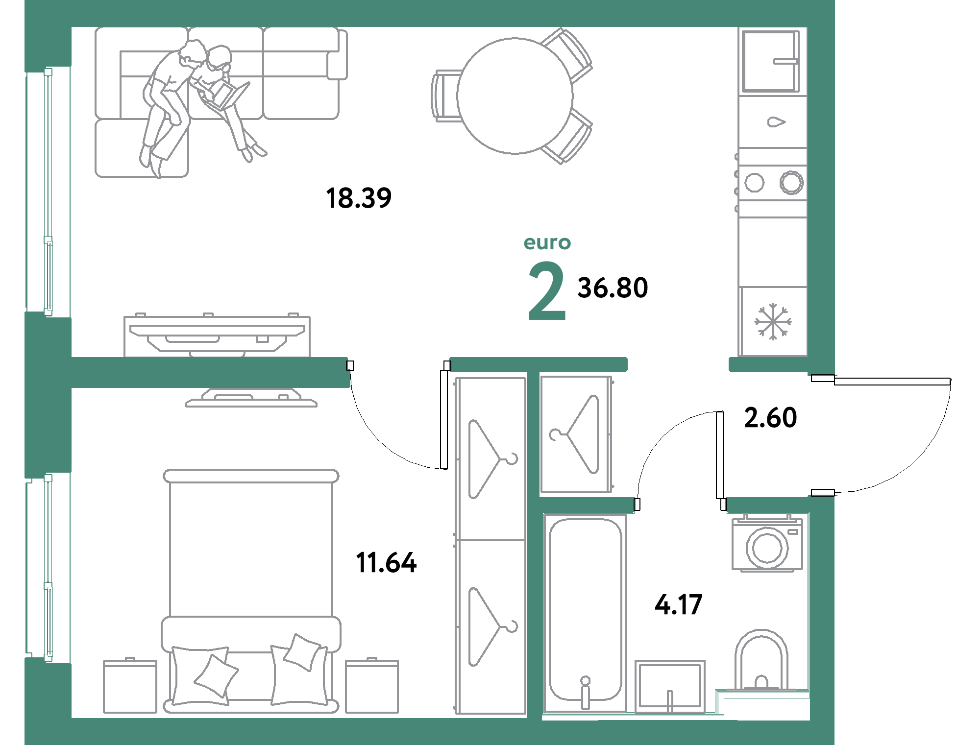 ЖК "Уральский сад"-2-комнатная 36.8 м²