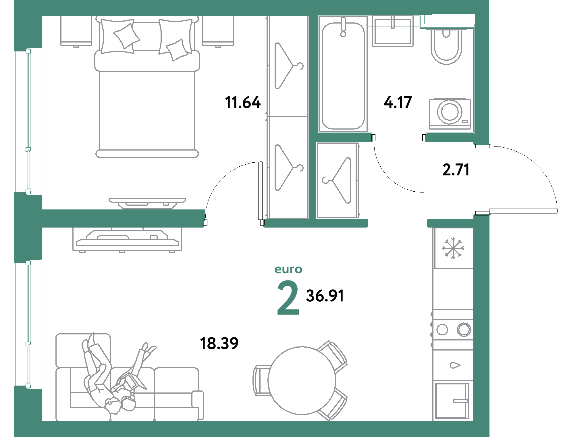 ЖК "Уральский сад"-2-комнатная 36.91 м²