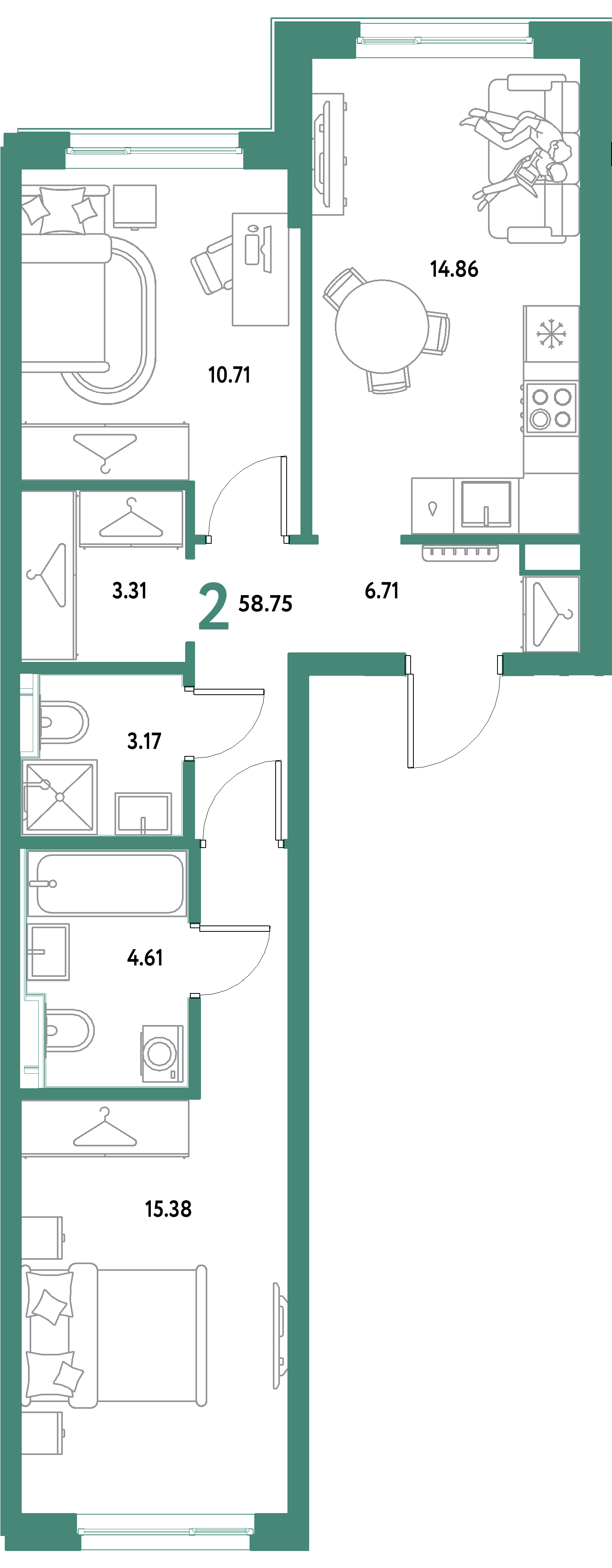 ЖК "Уральский сад"-2-комнатная 58.75 м²