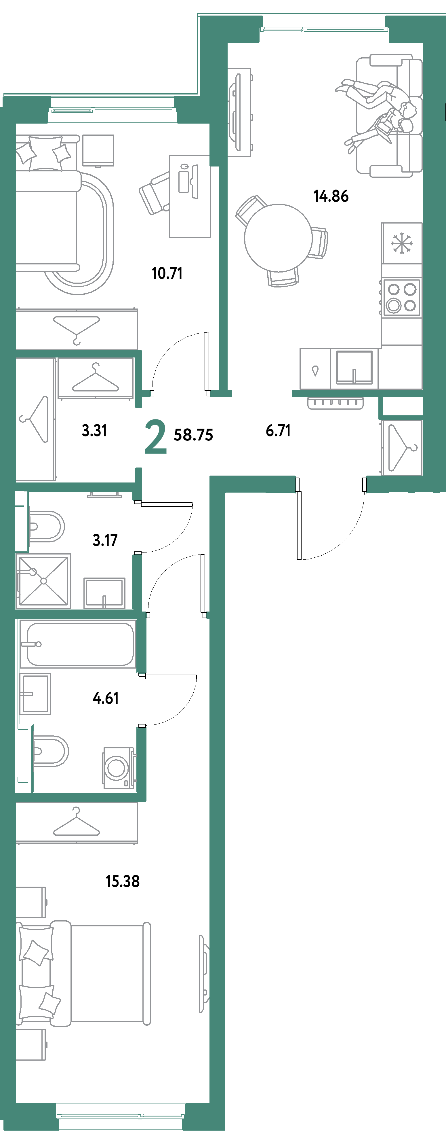 ЖК "Уральский сад"-2-комнатная 58.75 м²