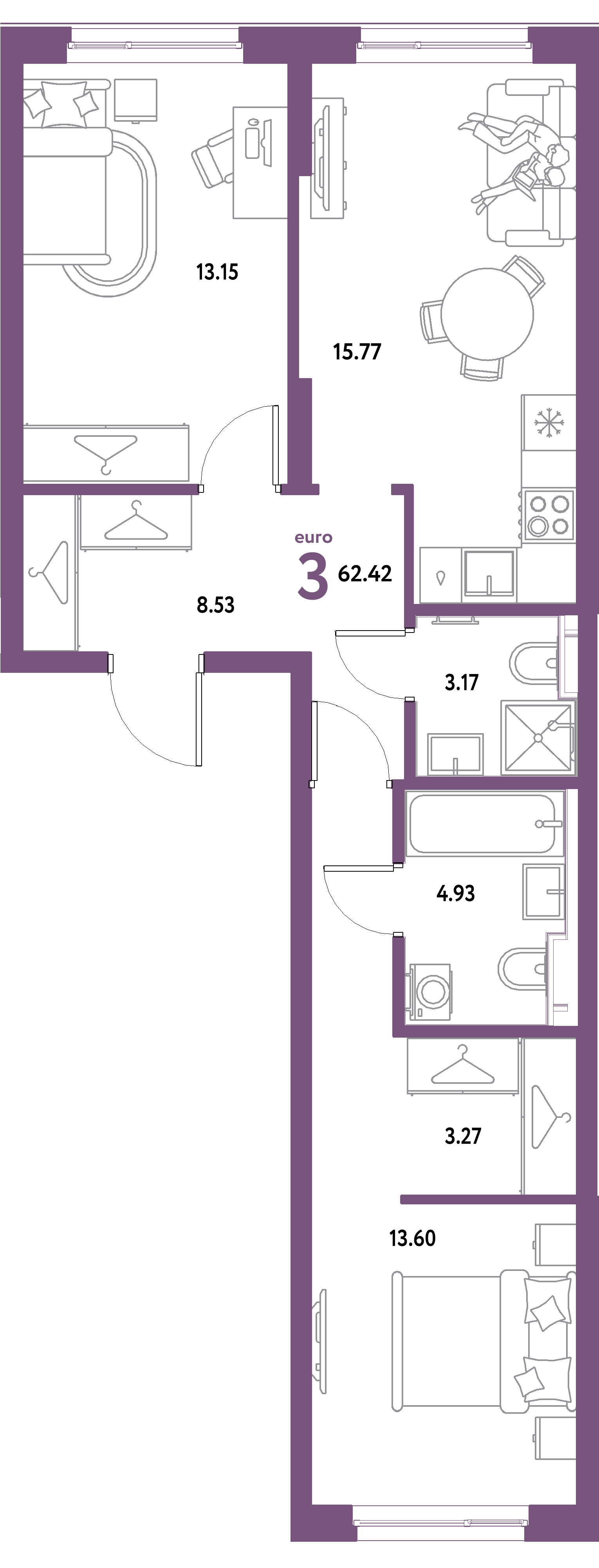 ЖК "Уральский сад"-3-комнатная 62.42 м²
