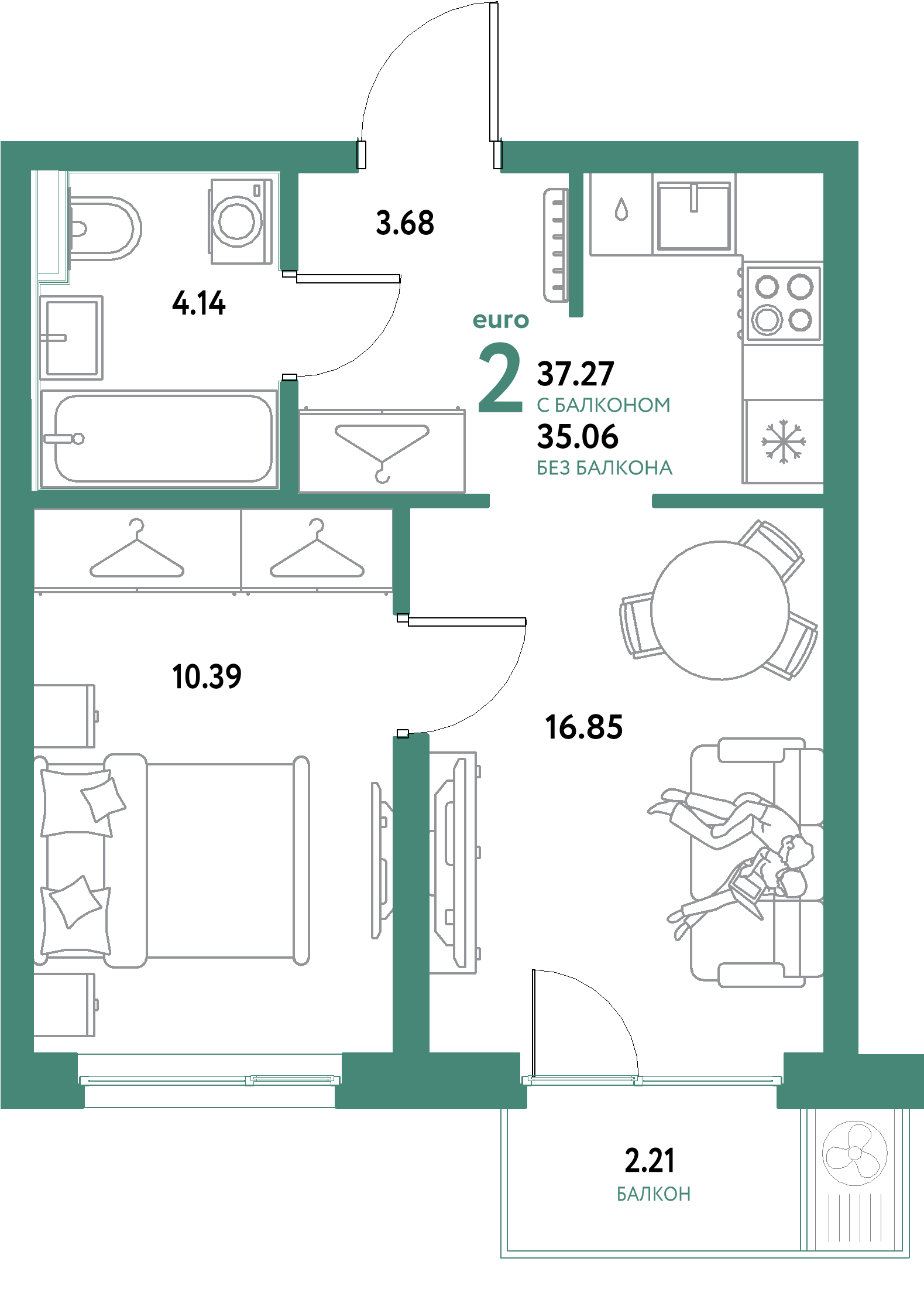 ЖК "Уральский сад"-2-комнатная 37.27 м²