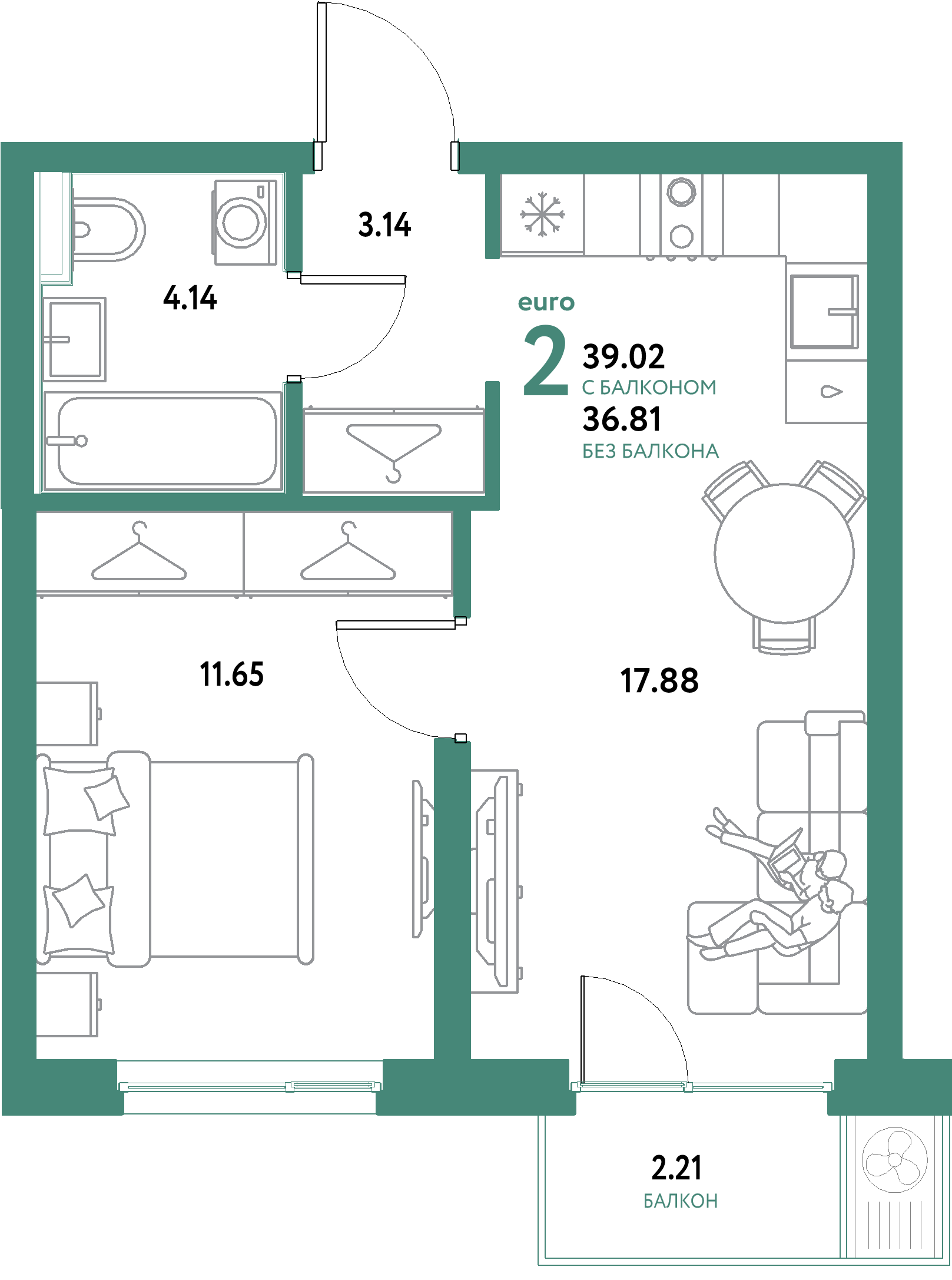 ЖК "Уральский сад"-2-комнатная 39.02 м²