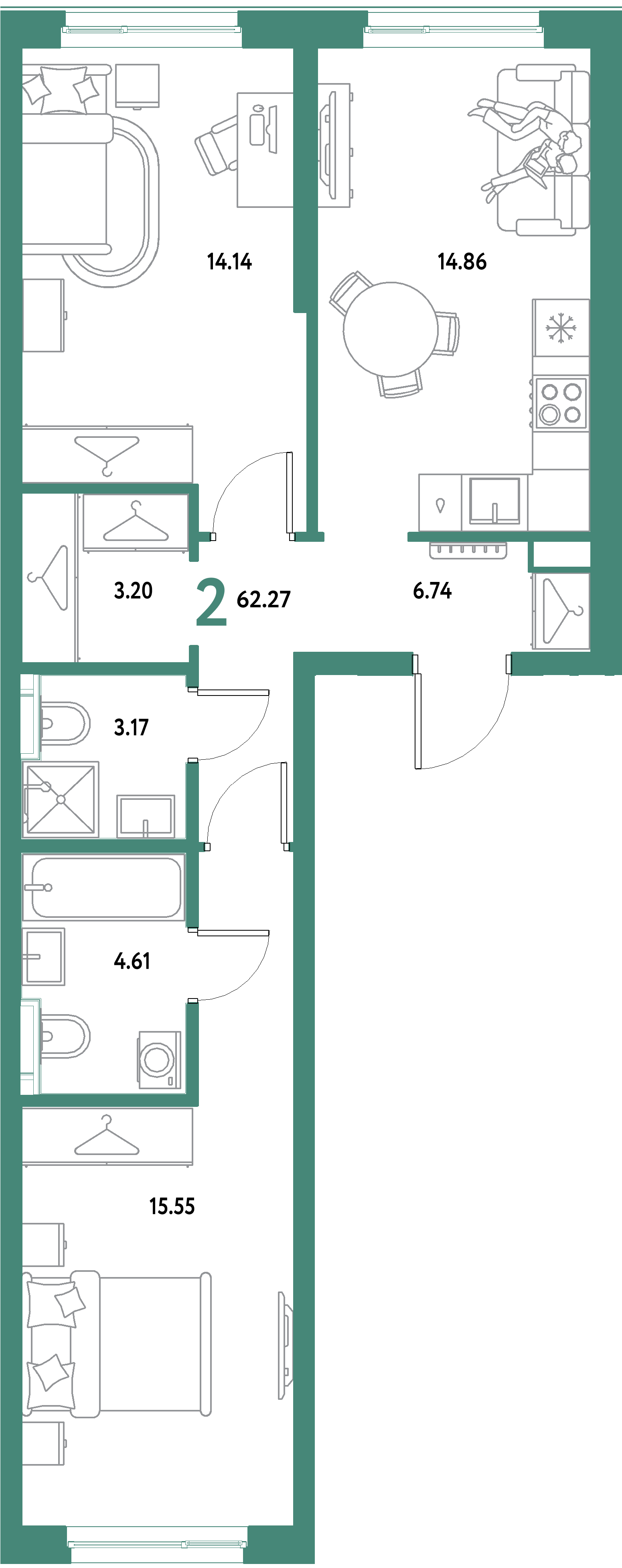 ЖК "Уральский сад"-2-комнатная 62.27 м²