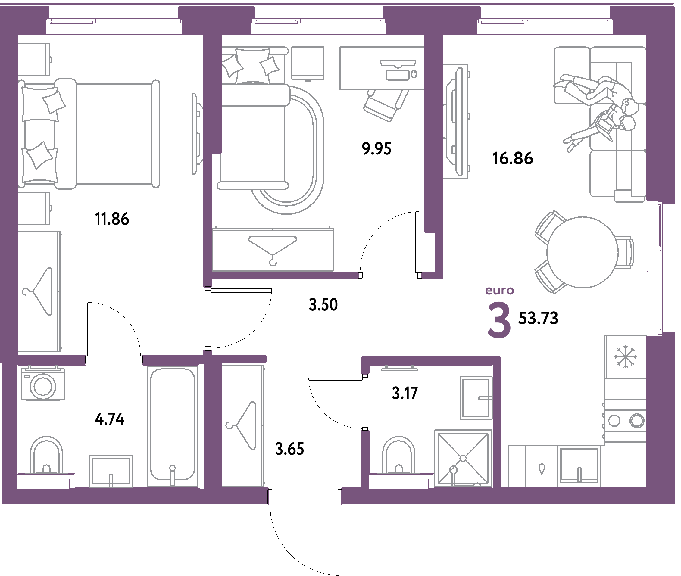 ЖК "Уральский сад"-3-комнатная 53.73 м²