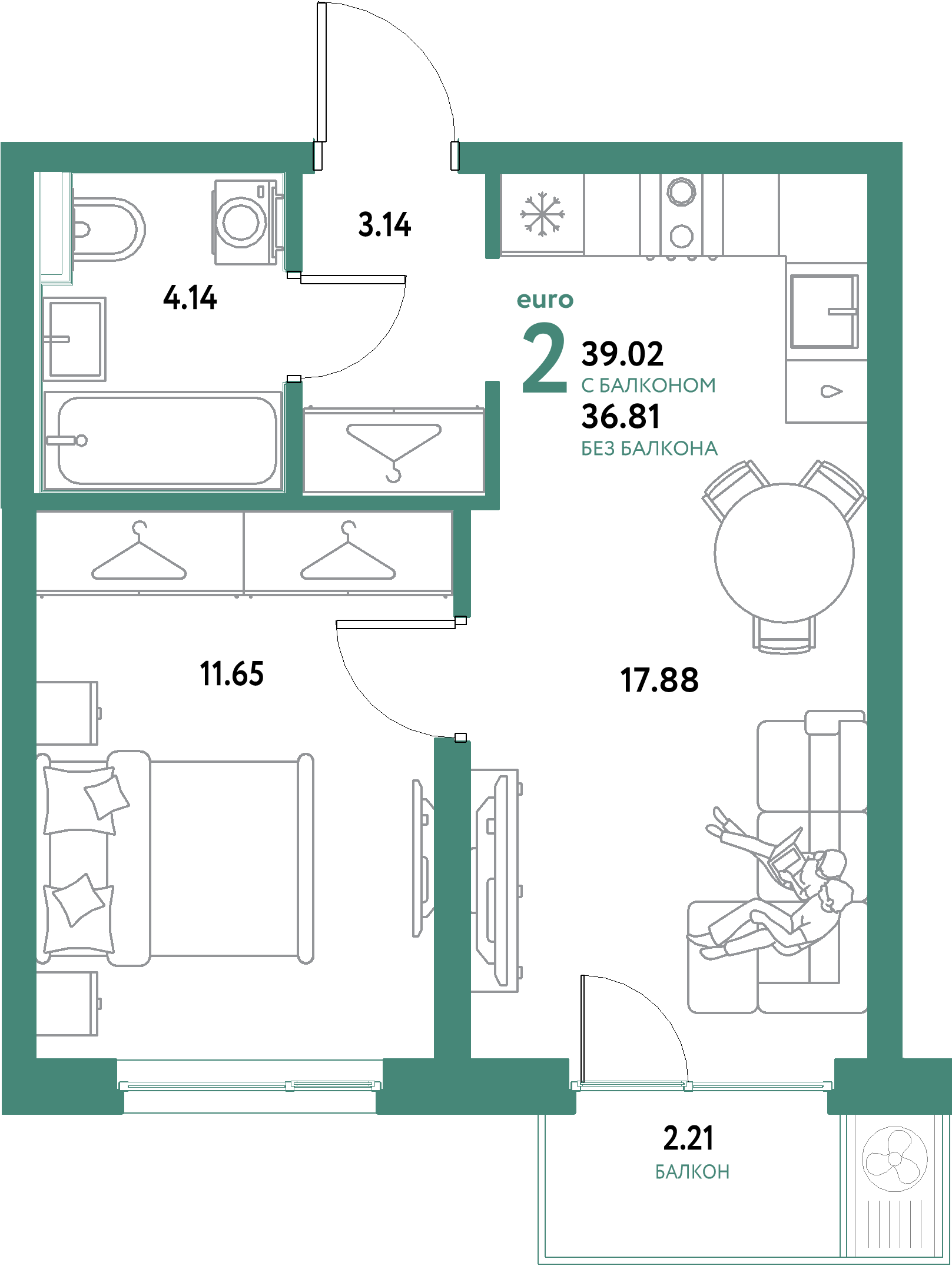 ЖК "Уральский сад"-2-комнатная 39.02 м²