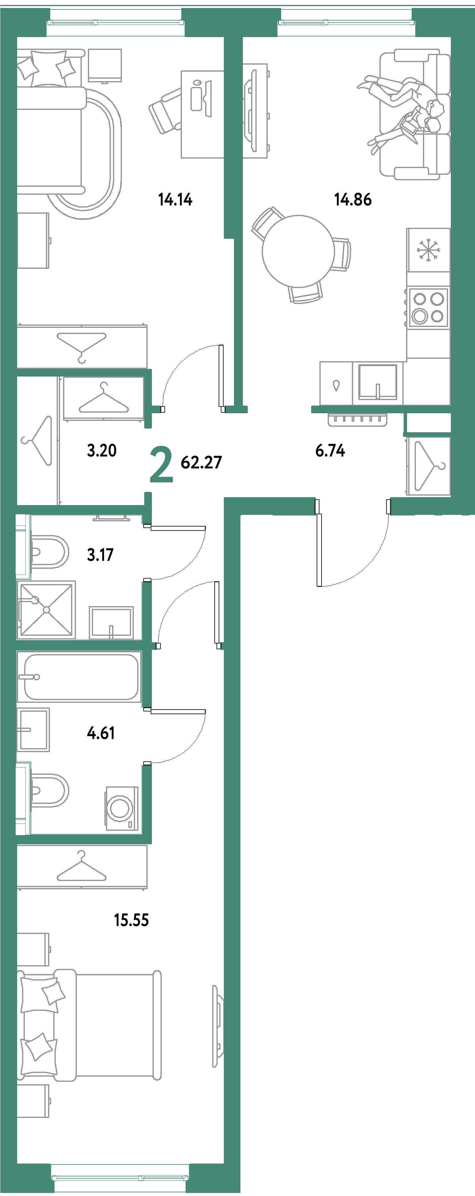 ЖК "Уральский сад"-2-комнатная 62.27 м²