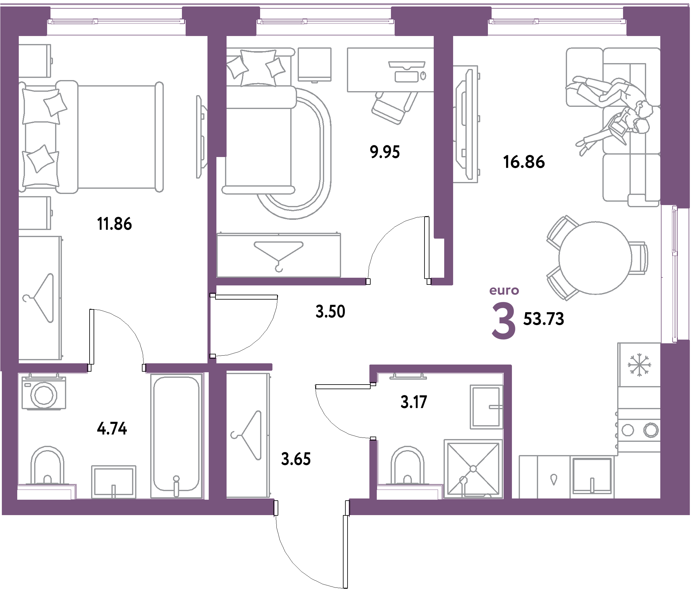 ЖК "Уральский сад"-3-комнатная 53.73 м²