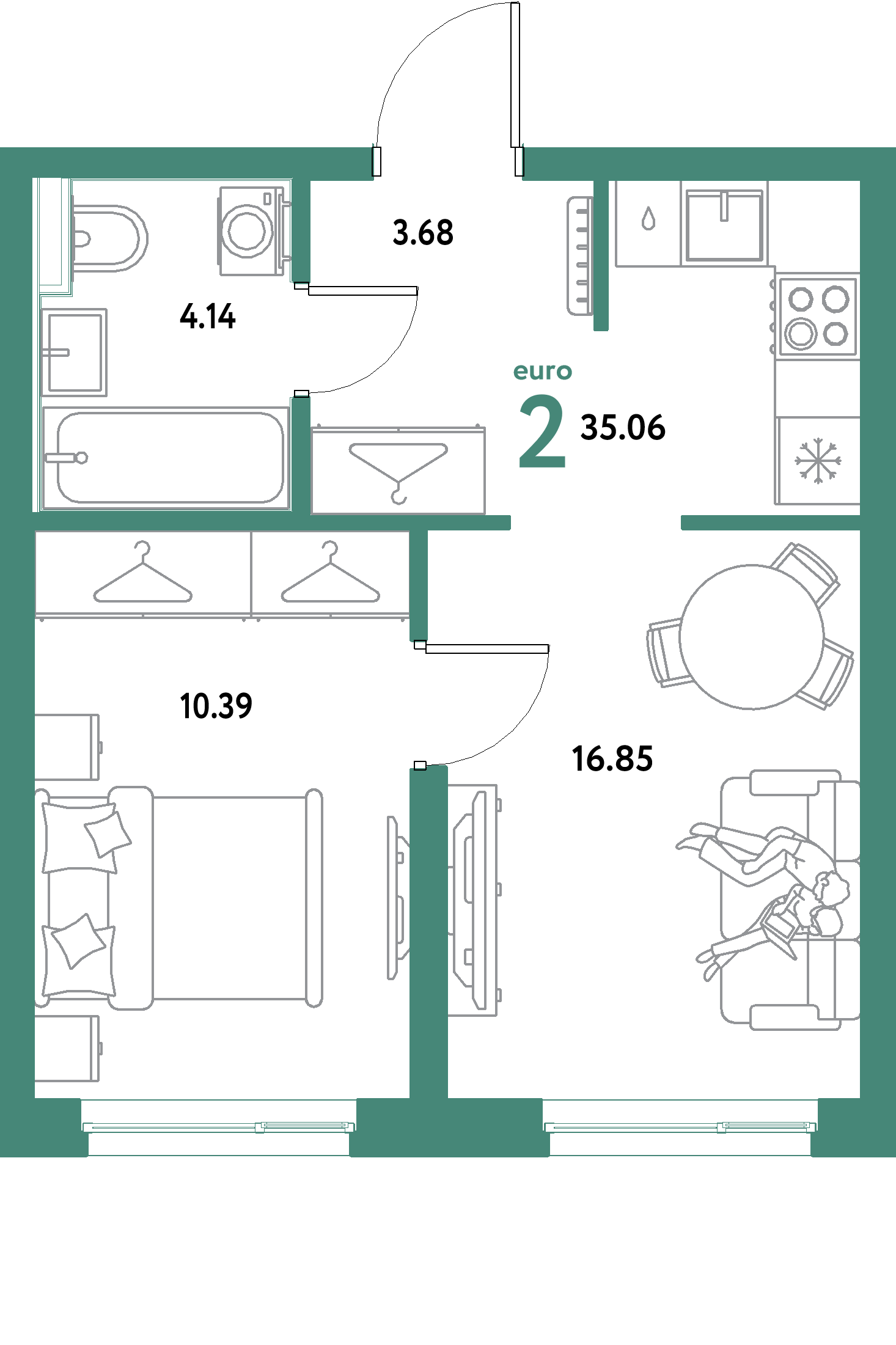 ЖК "Уральский сад"-2-комнатная 35.06 м²