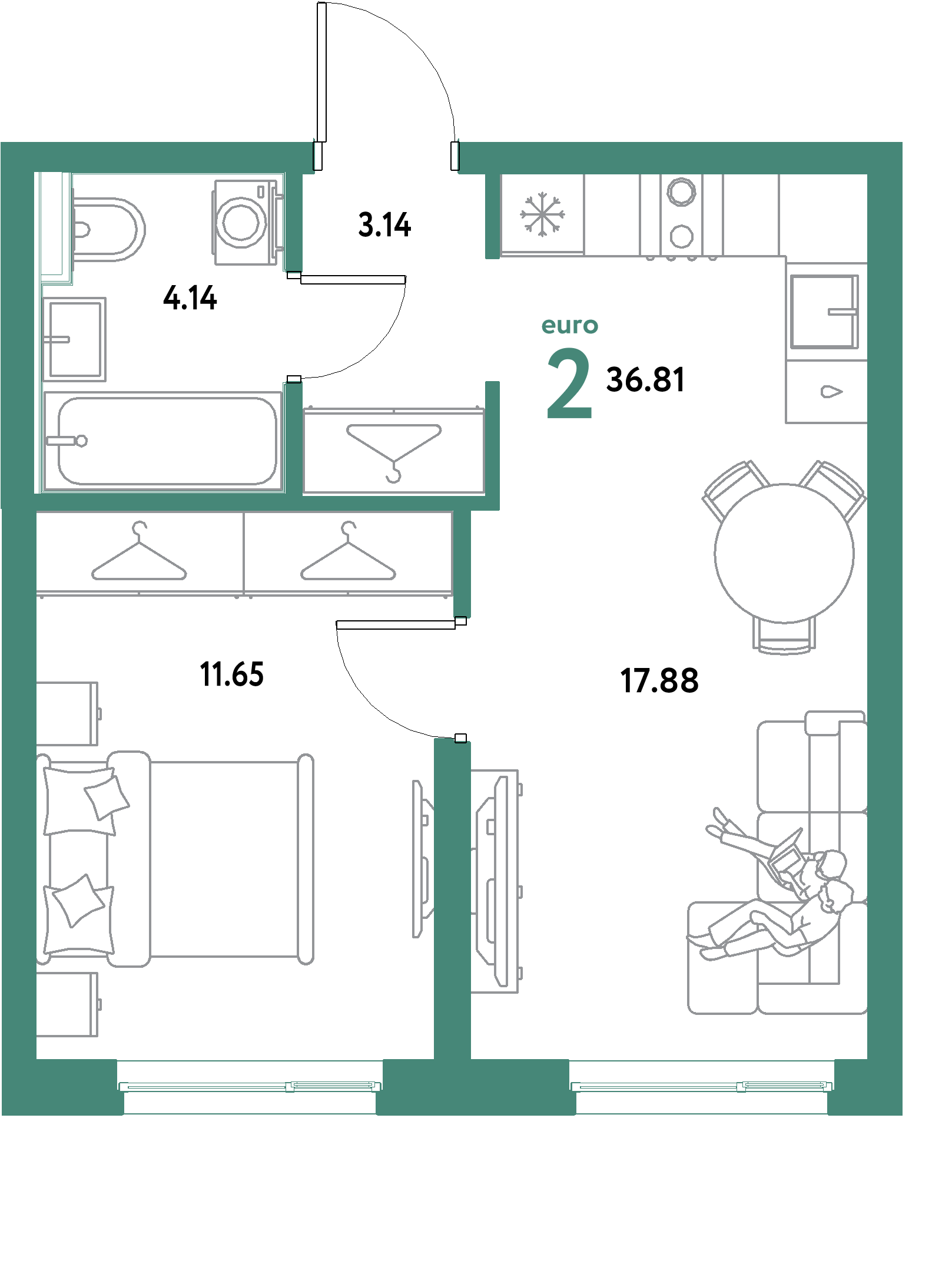 ЖК "Уральский сад"-2-комнатная 36.81 м²