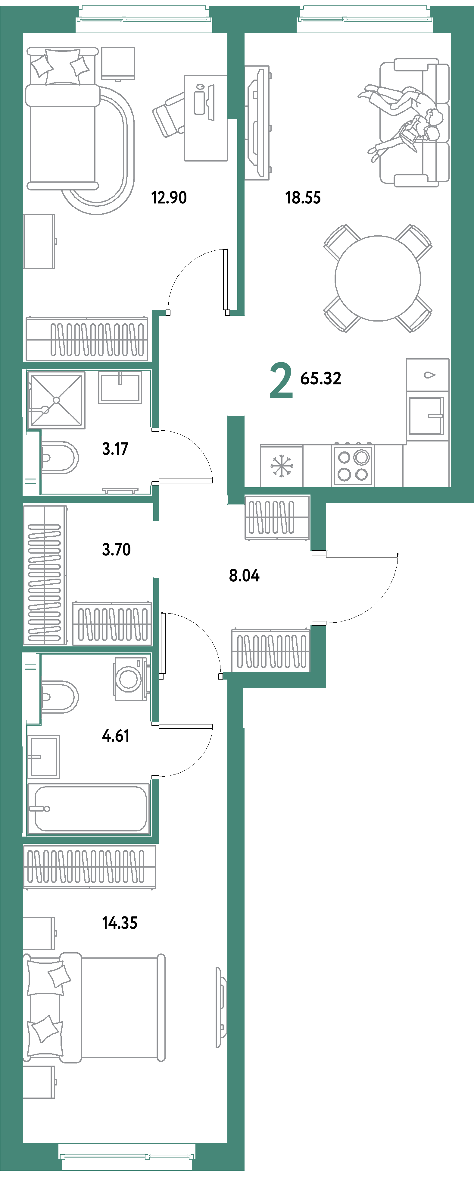 ЖК "Уральский сад"-2-комнатная 65.32 м²
