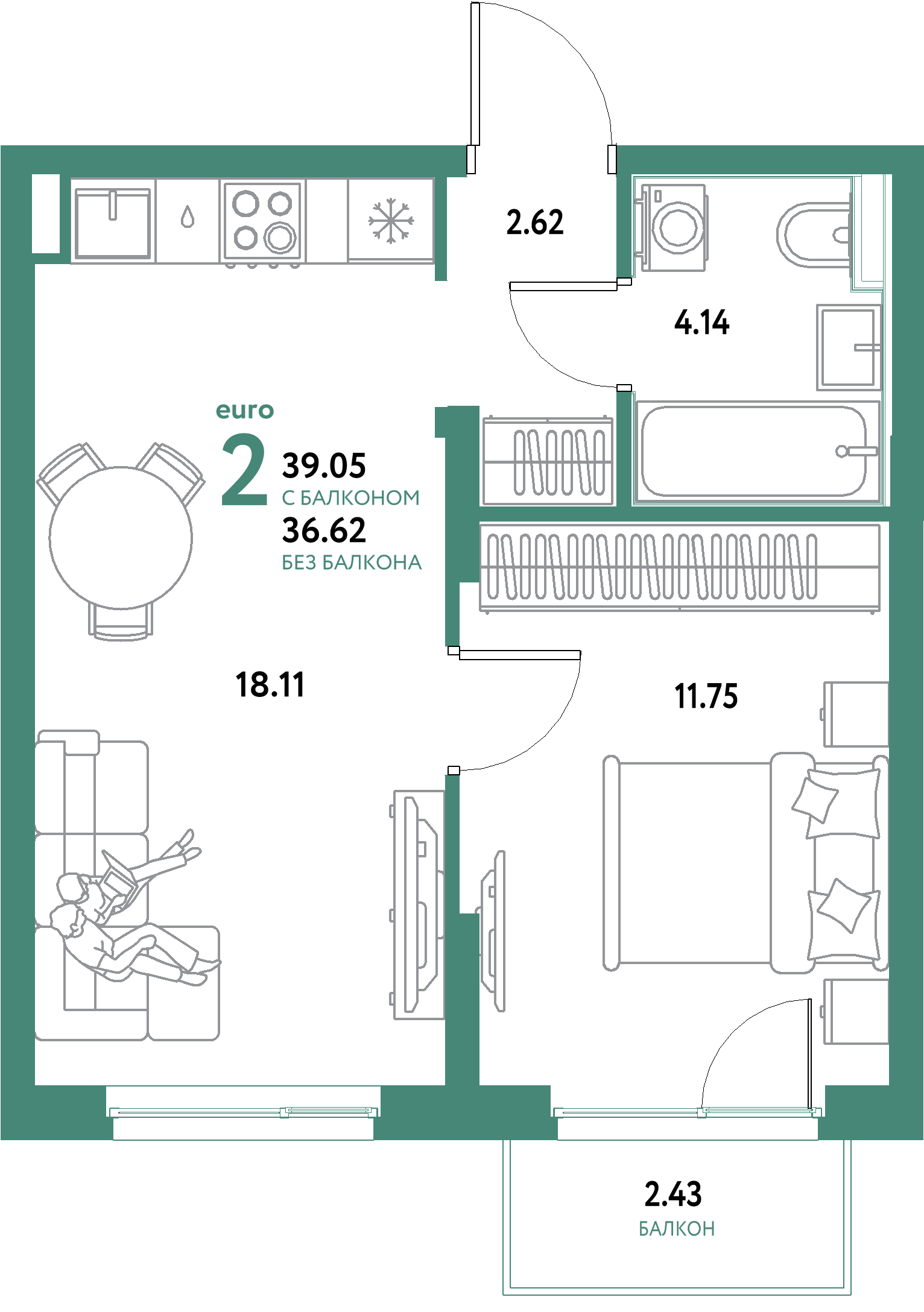 ЖК "Уральский сад"-2-комнатная 39.05 м²