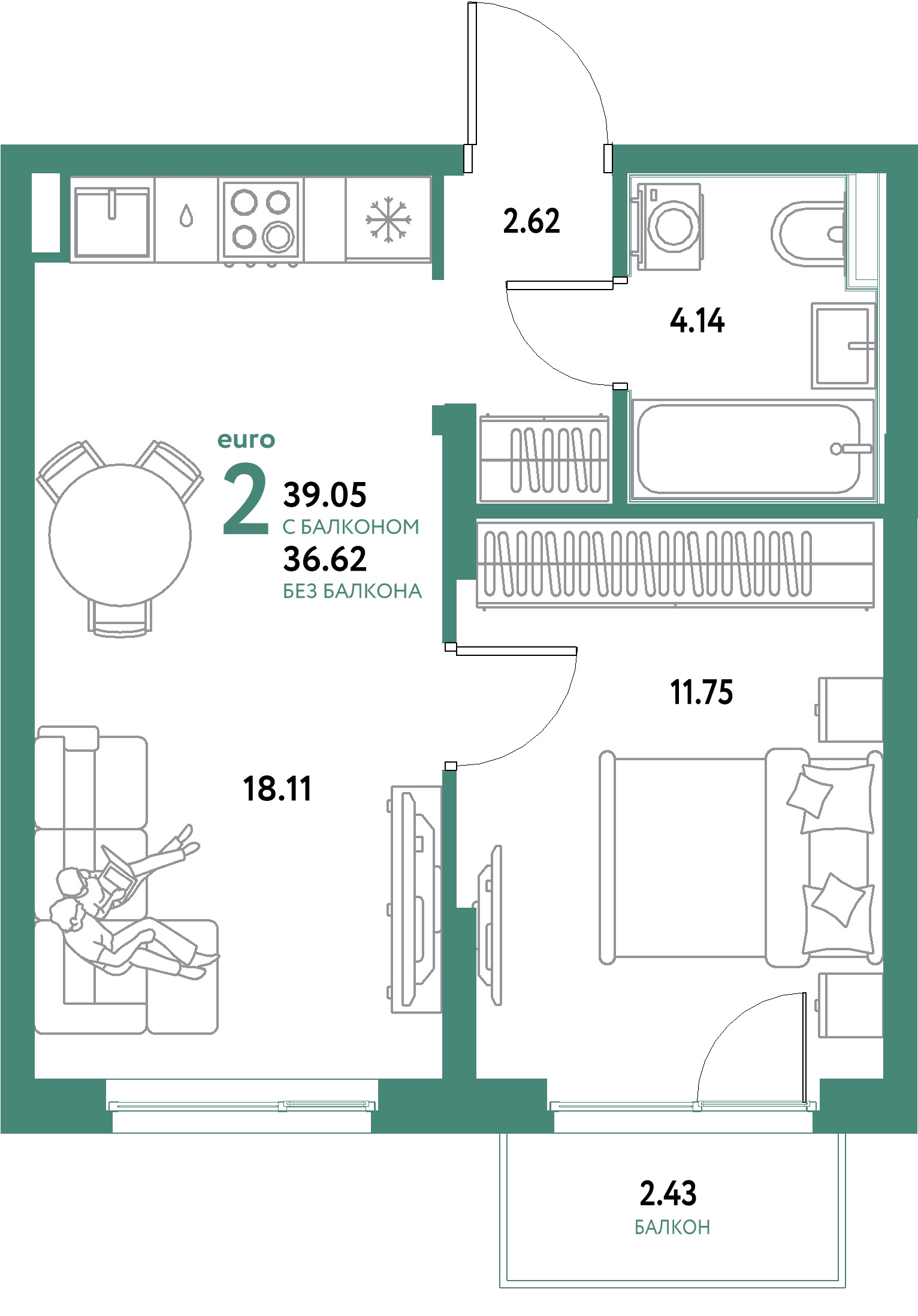 ЖК "Уральский сад"-2-комнатная 39.05 м²