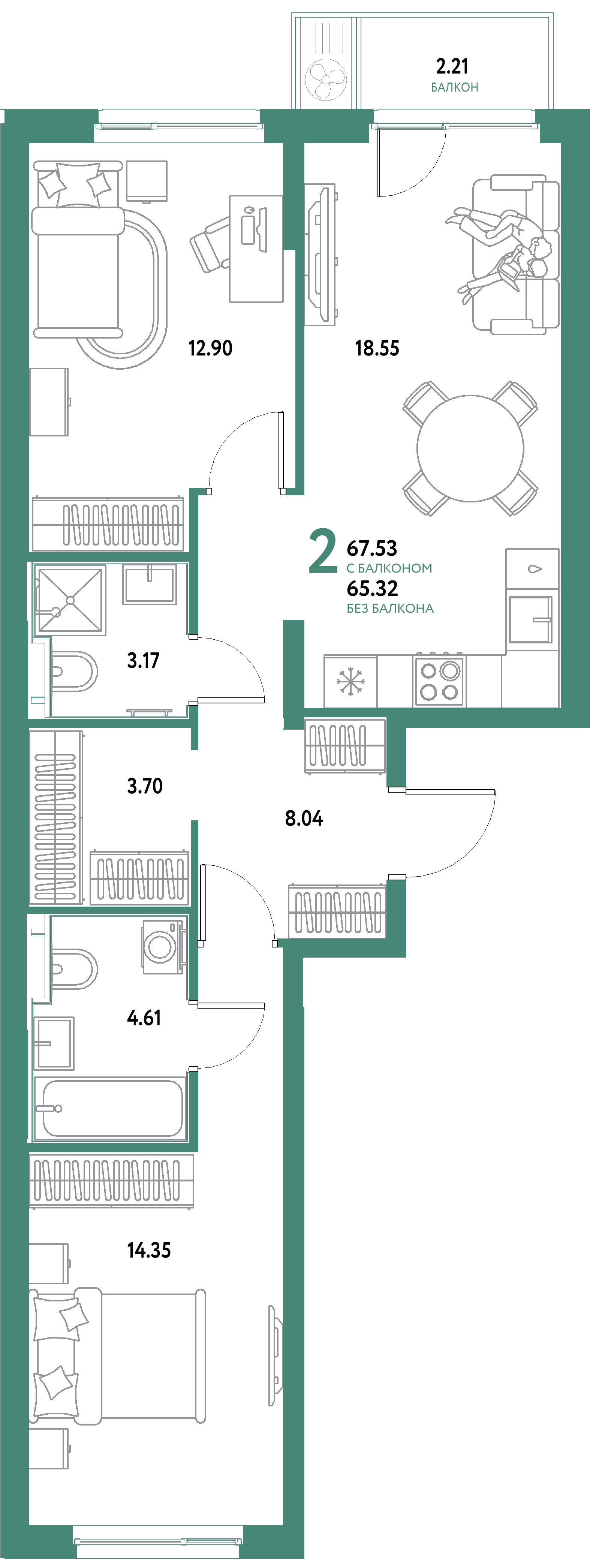 ЖК "Уральский сад"-2-комнатная 67.53 м²
