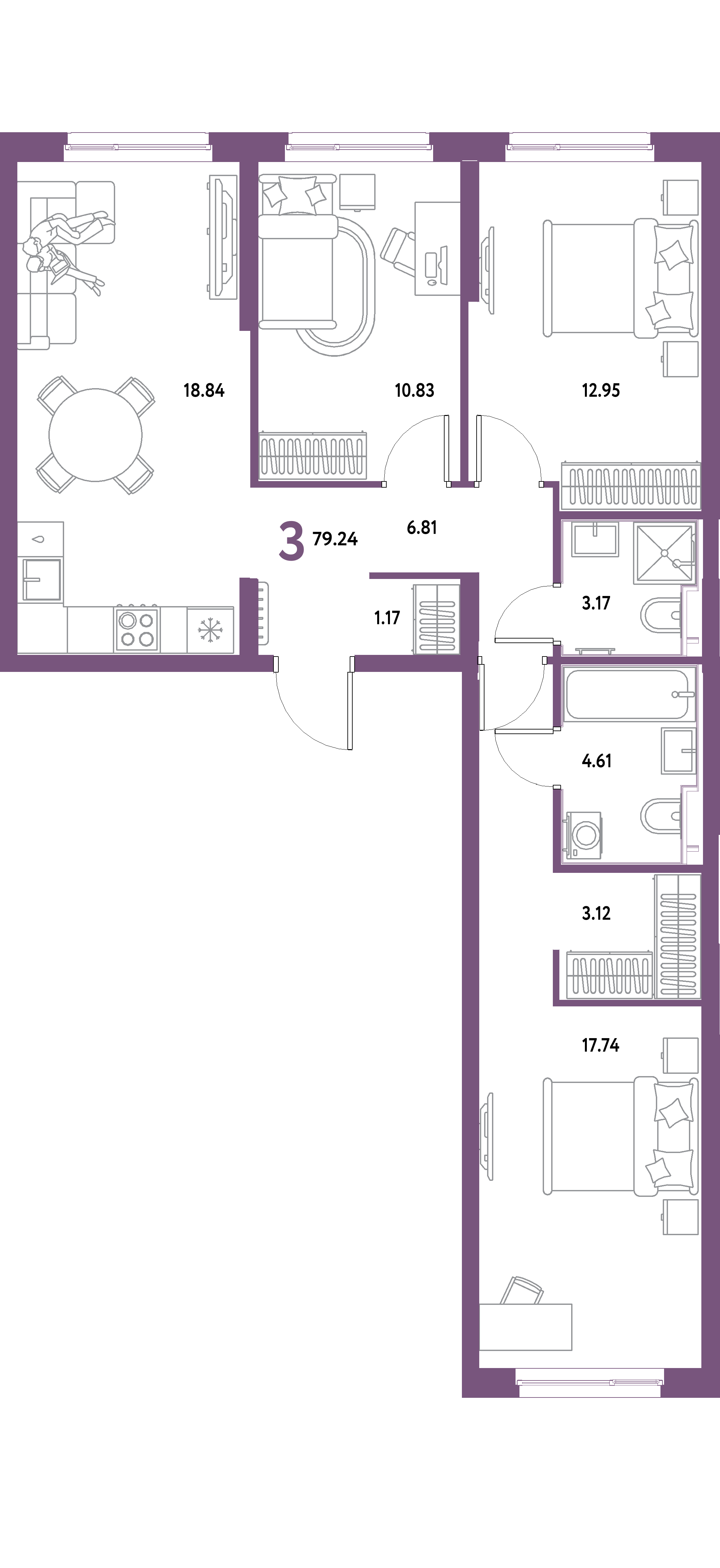 ЖК "Уральский сад"-3-комнатная 79.24 м²