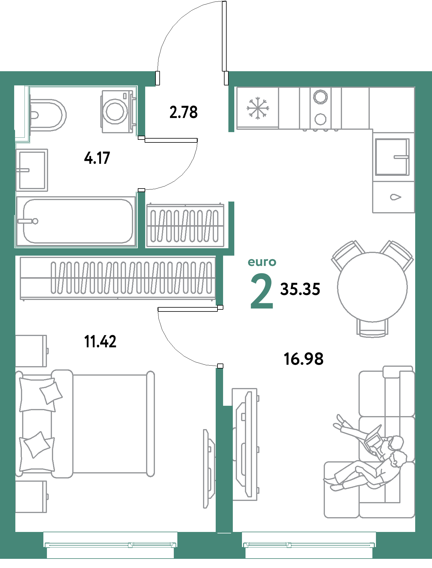 ЖК "Уральский сад"-2-комнатная 35.35 м²
