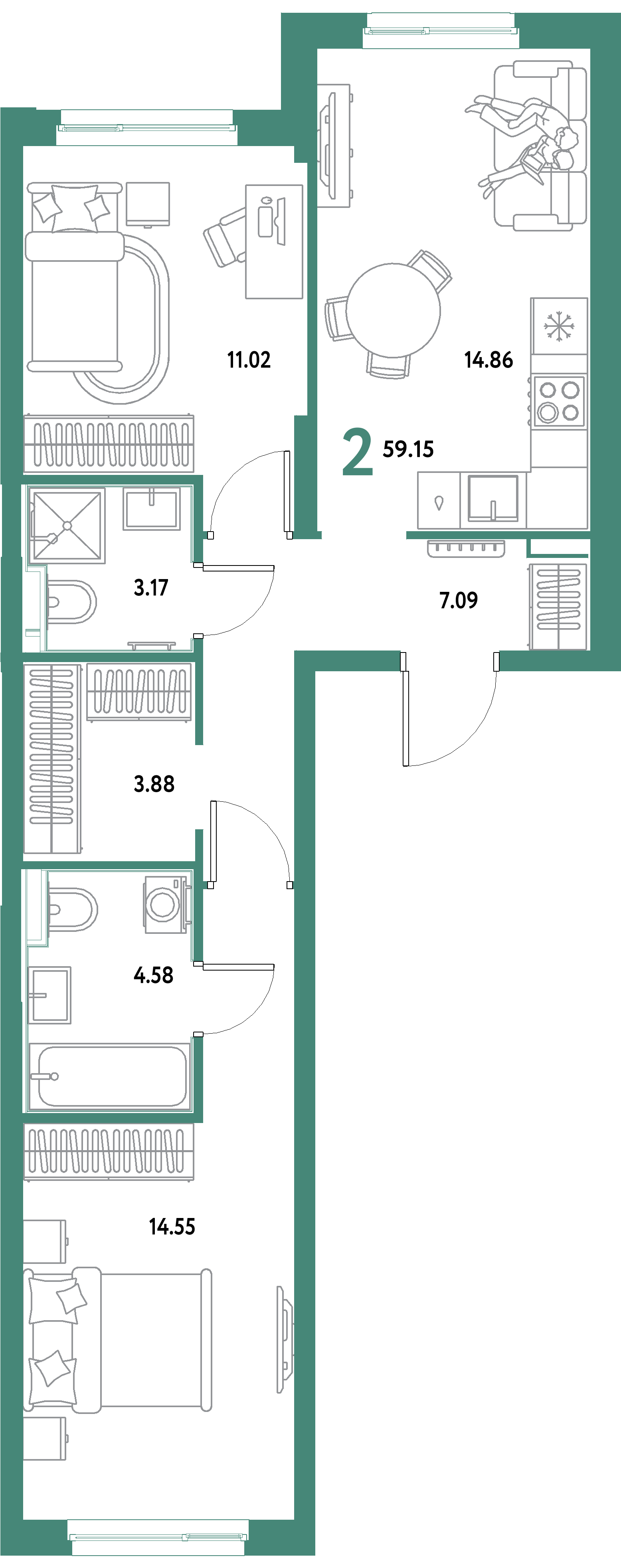ЖК "Уральский сад"-2-комнатная 59.15 м²