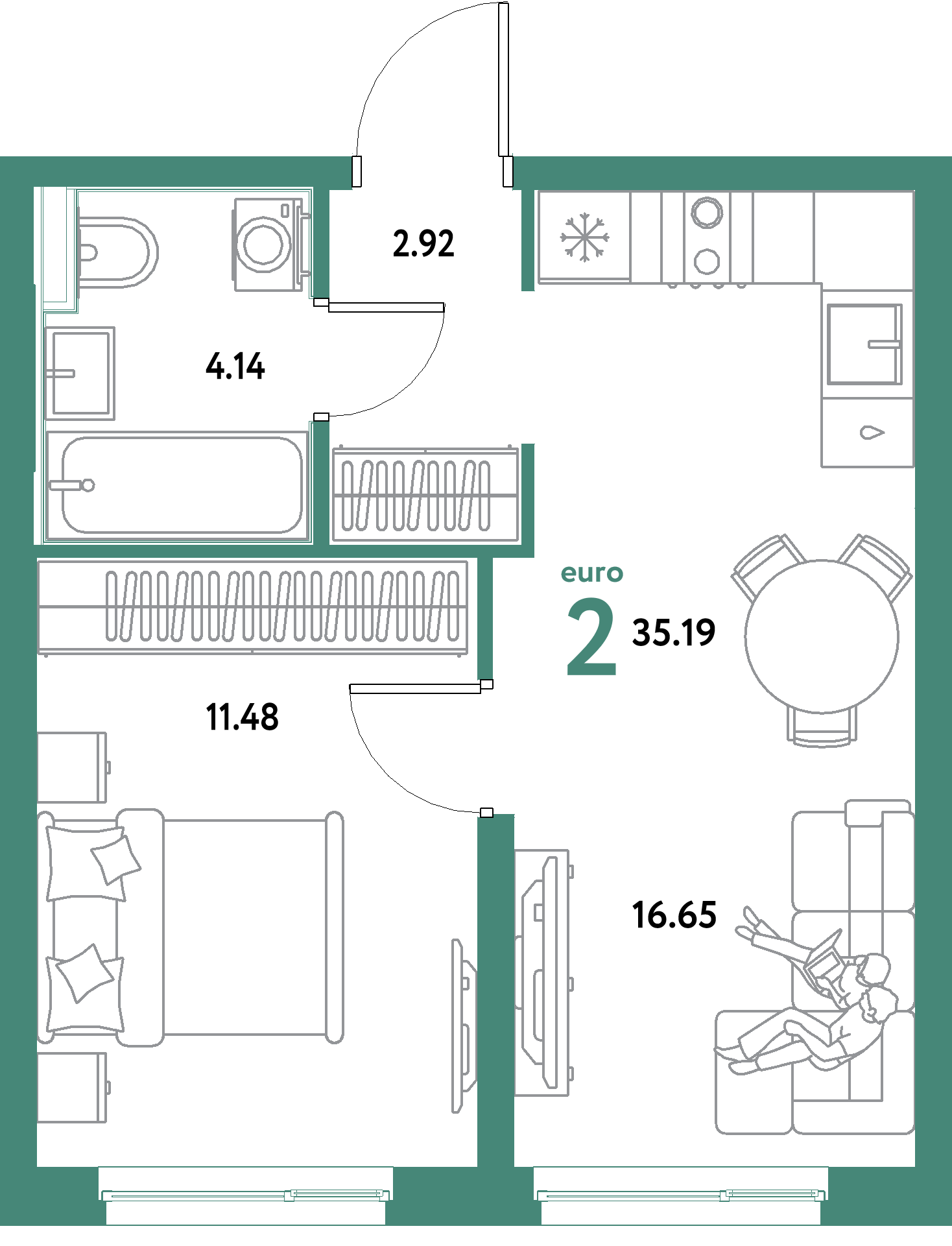 ЖК "Уральский сад"-2-комнатная 35.19 м²