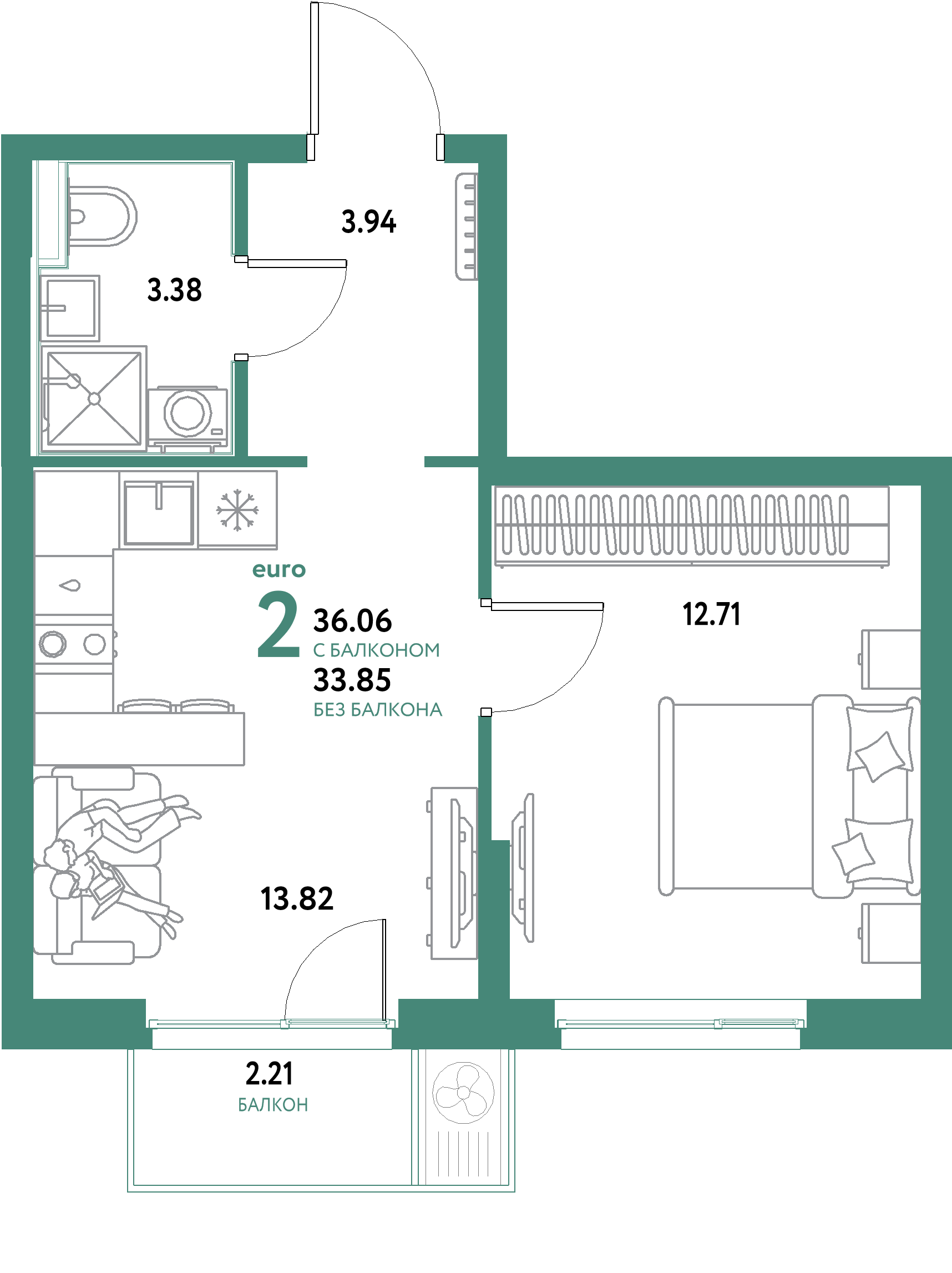 ЖК "Уральский сад"-2-комнатная 36.06 м²