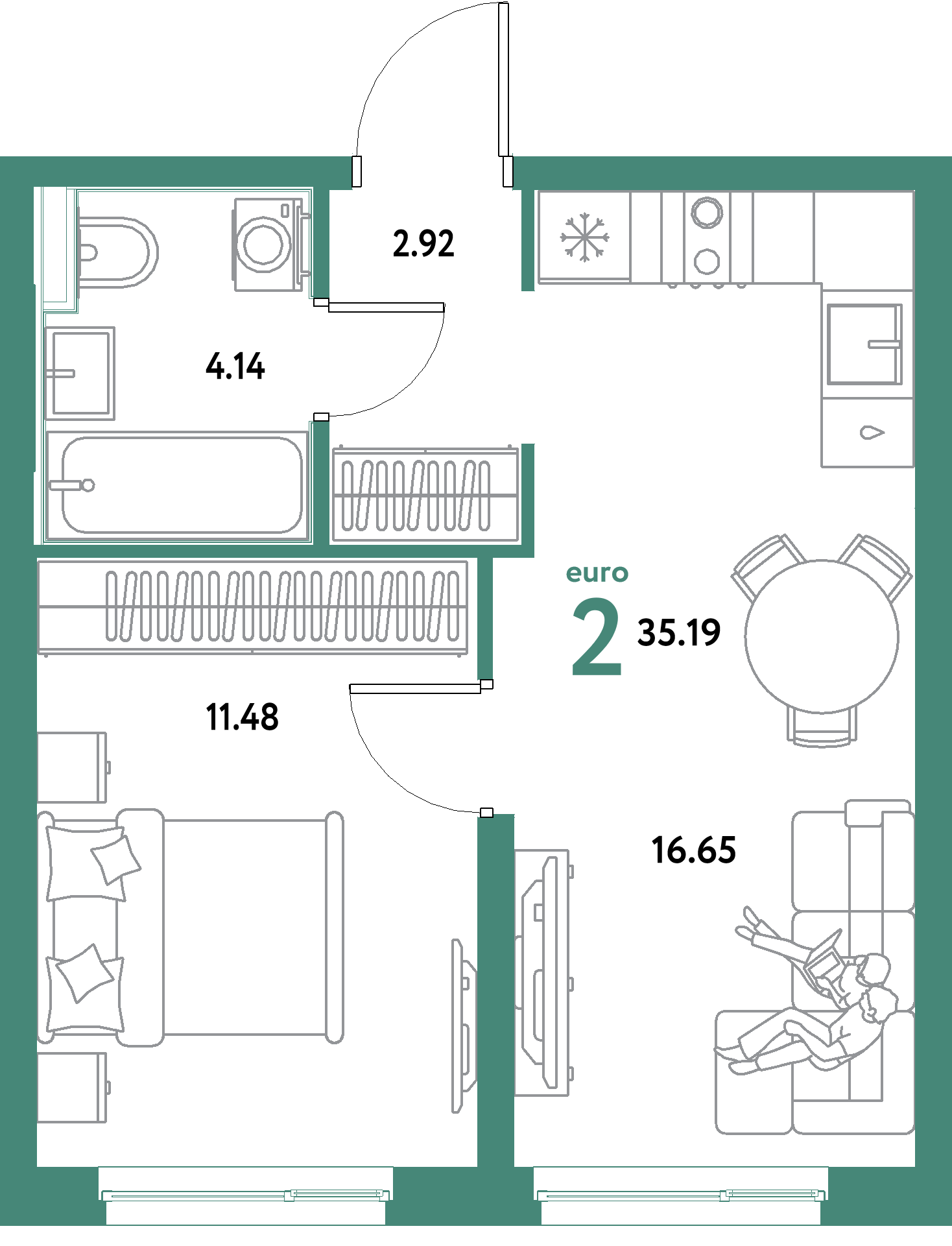 ЖК "Уральский сад"-2-комнатная 35.19 м²