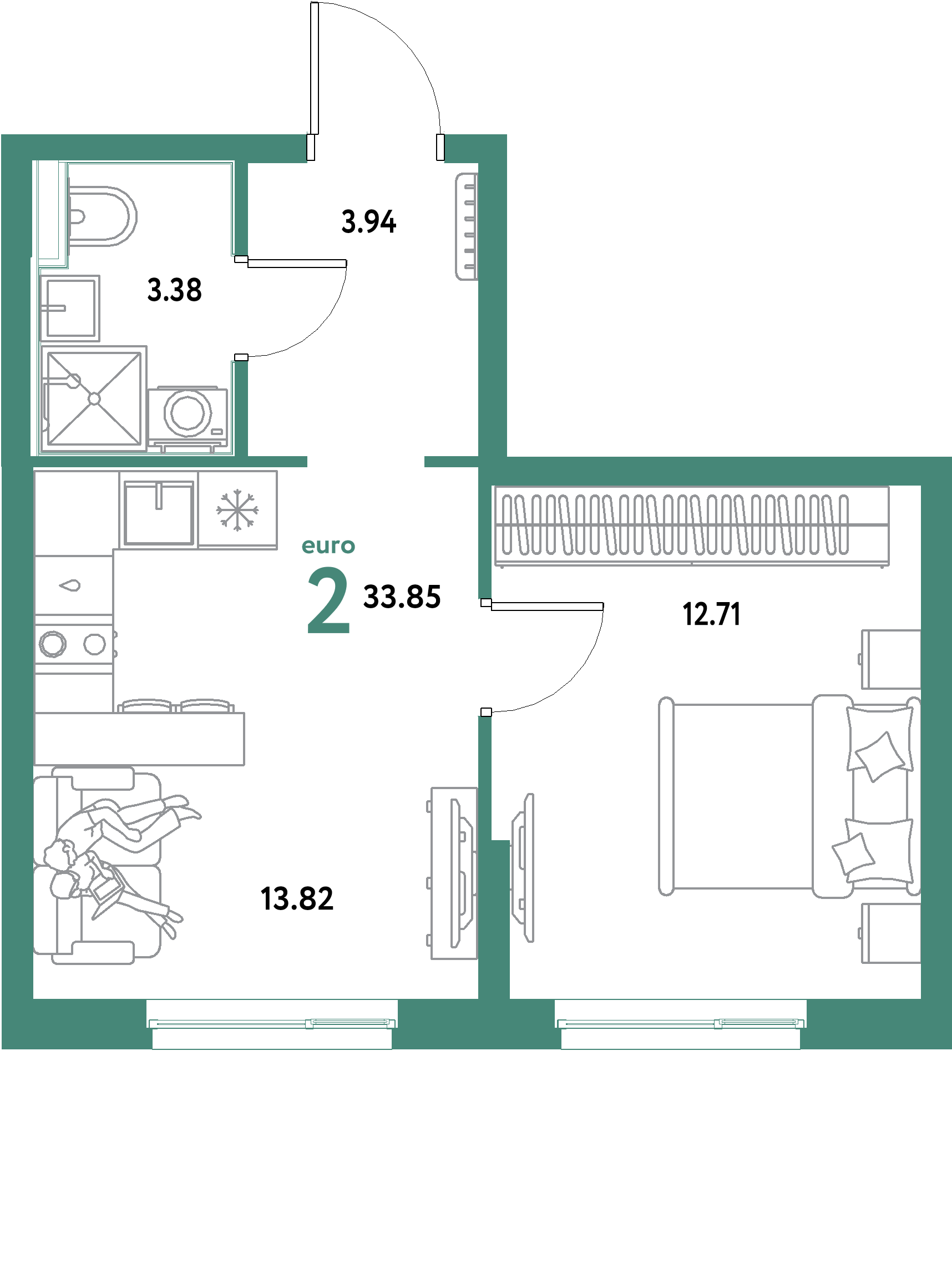 ЖК "Уральский сад"-2-комнатная 33.85 м²