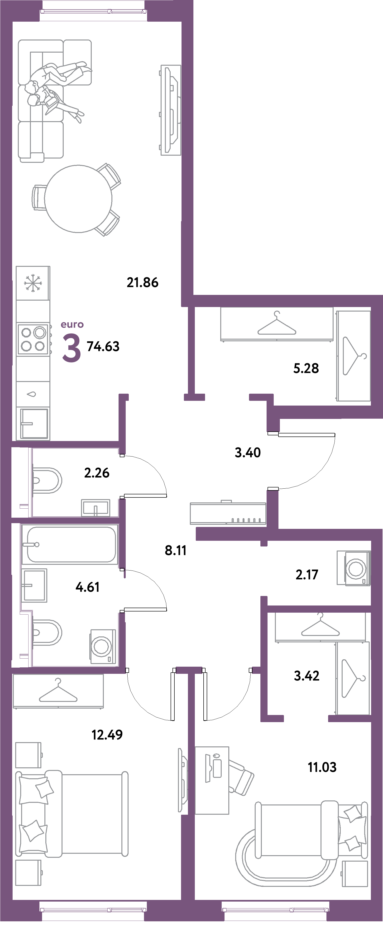 ЖК "Остров-сад"-3-комнатная 74.63 м²