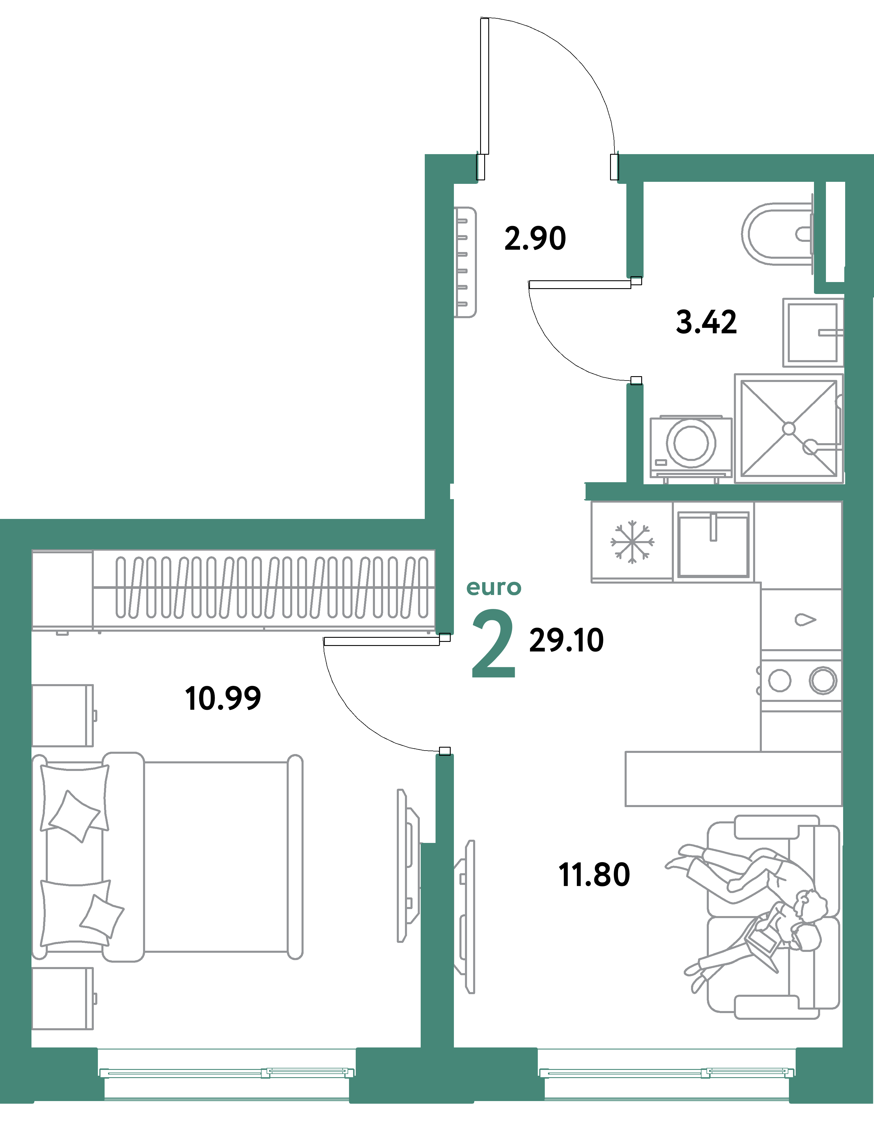 ЖК "Остров-сад"-2-комнатная 29.1 м²