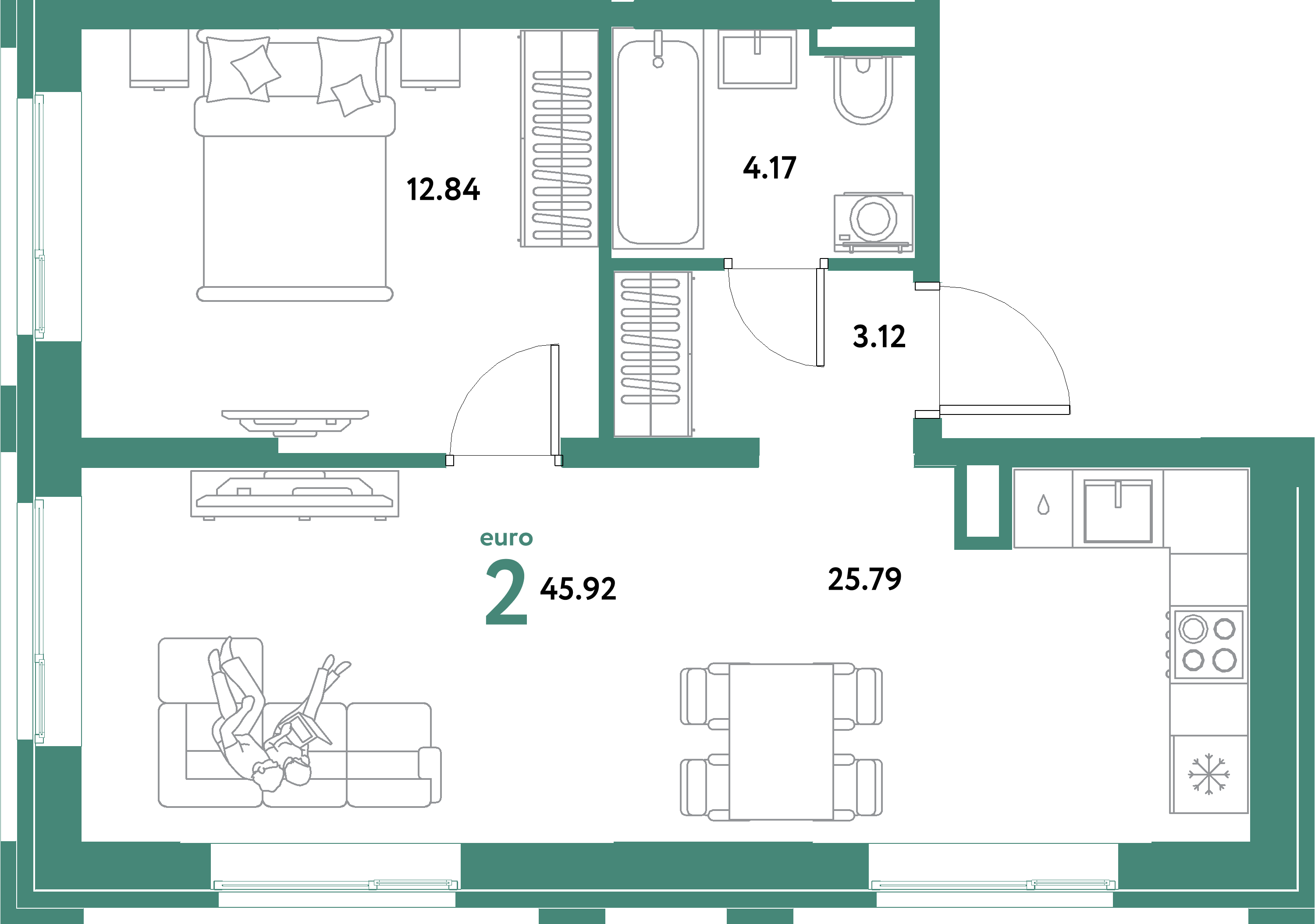 ЖК "Остров-сад"-2-комнатная 45.92 м²