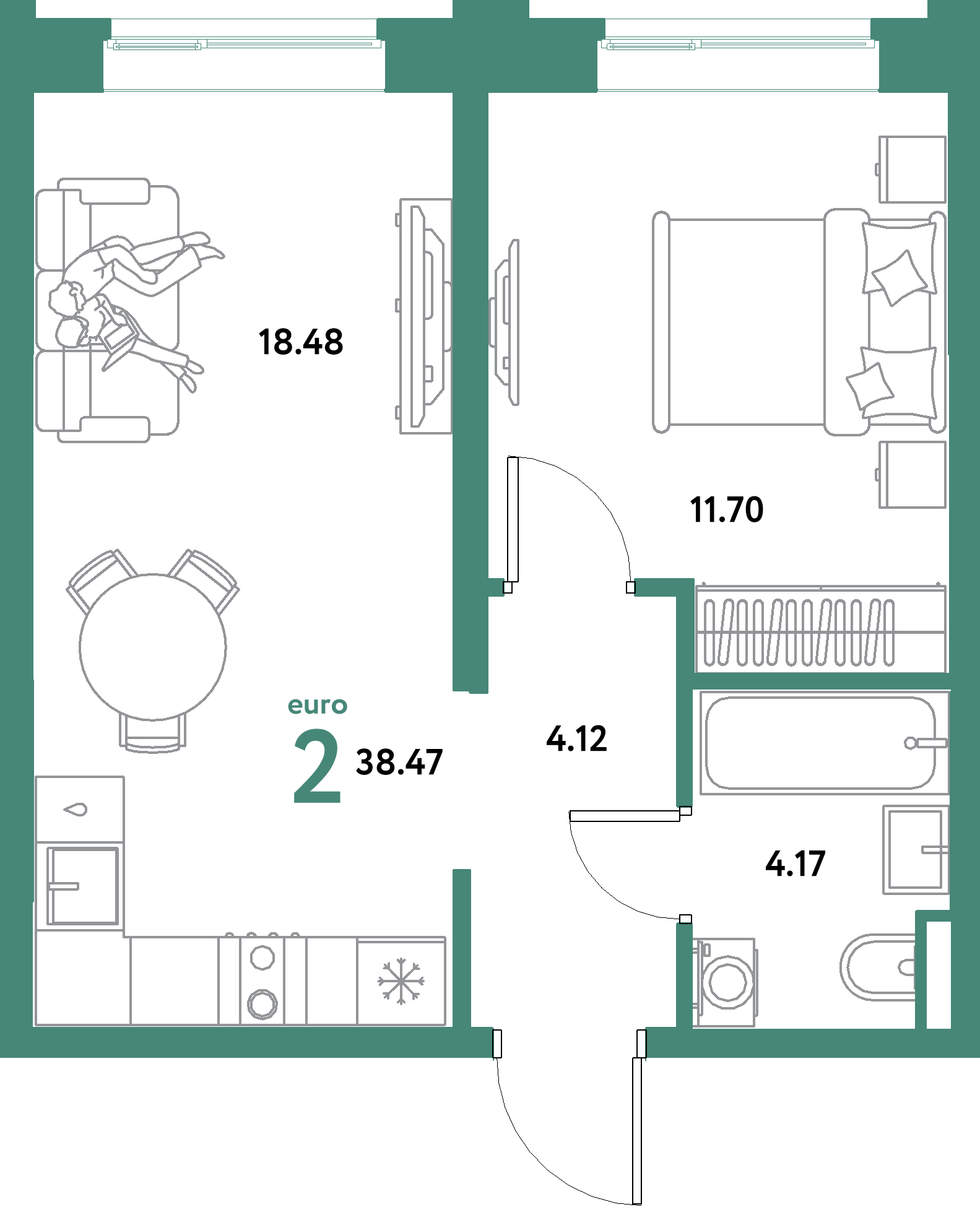 ЖК "Остров-сад"-2-комнатная 38.47 м²