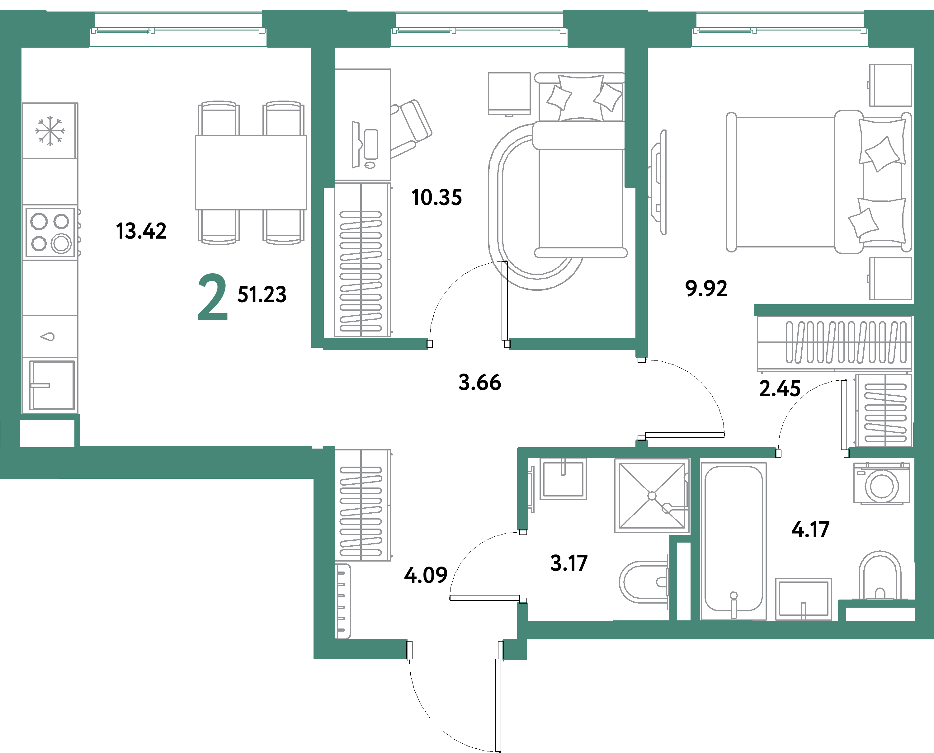 ЖК "Остров-сад"-2-комнатная 51.23 м²