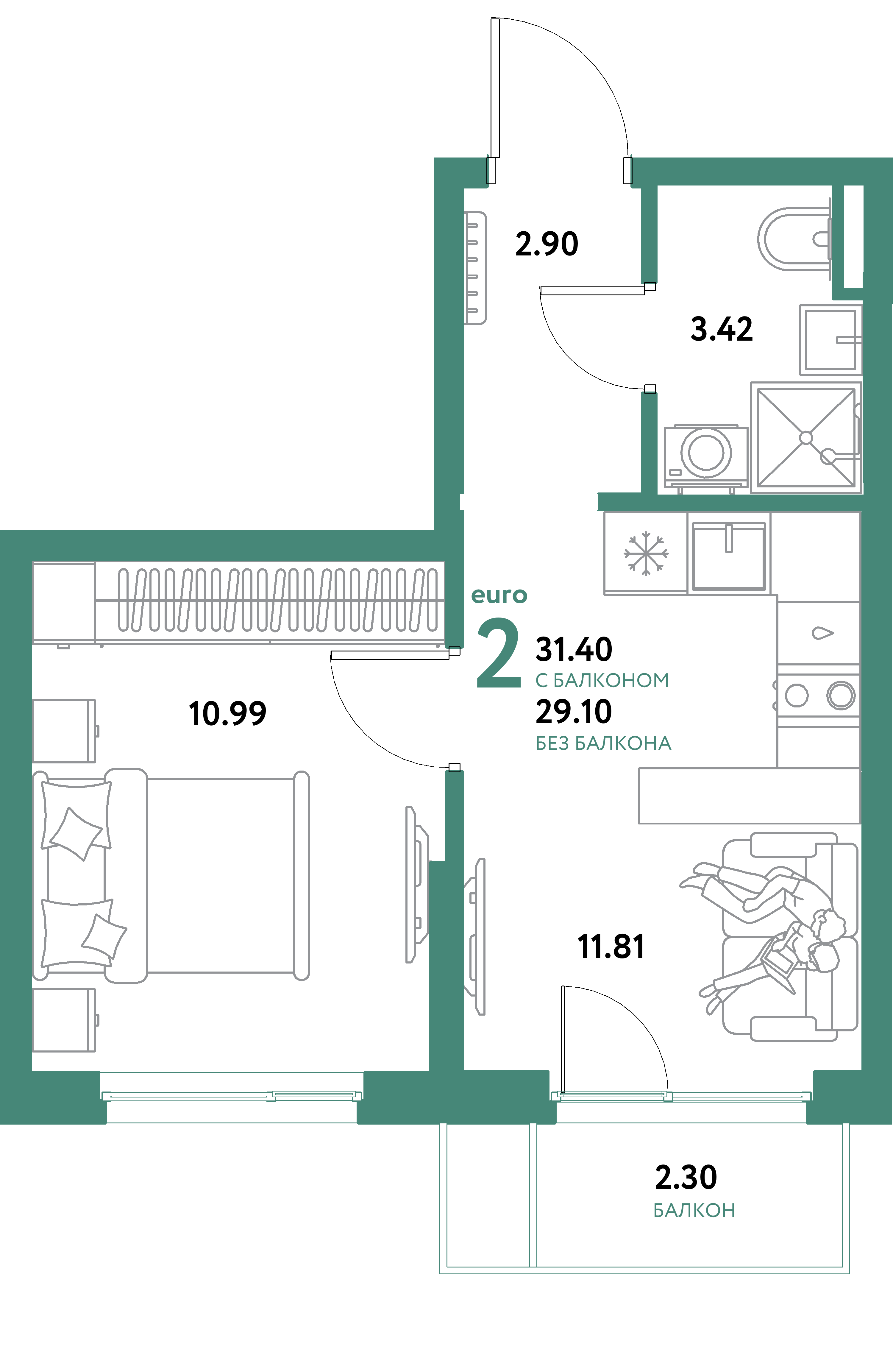 ЖК "Остров-сад"-2-комнатная 31.4 м²