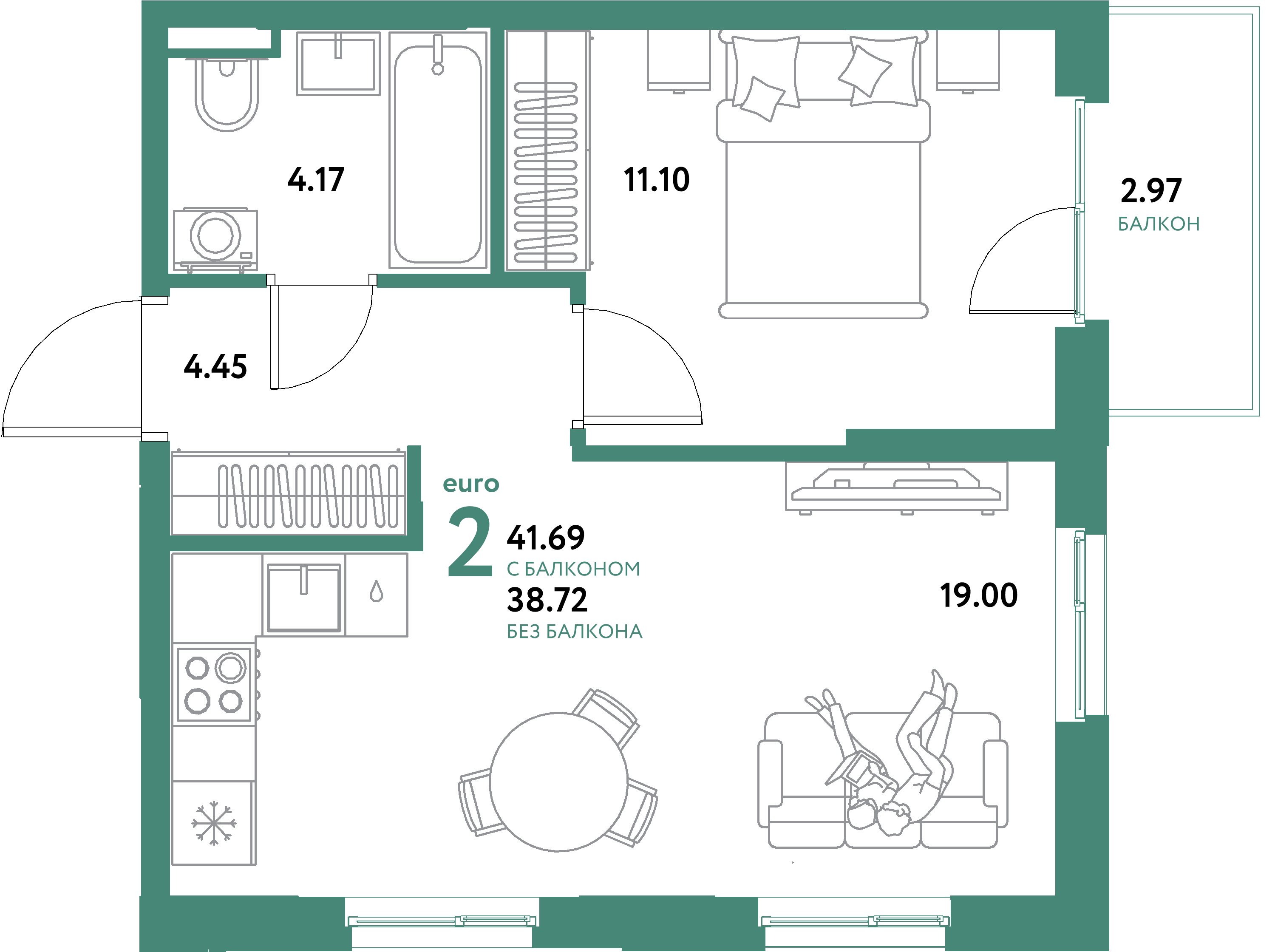 ЖК "Остров-сад"-2-комнатная 41.69 м²