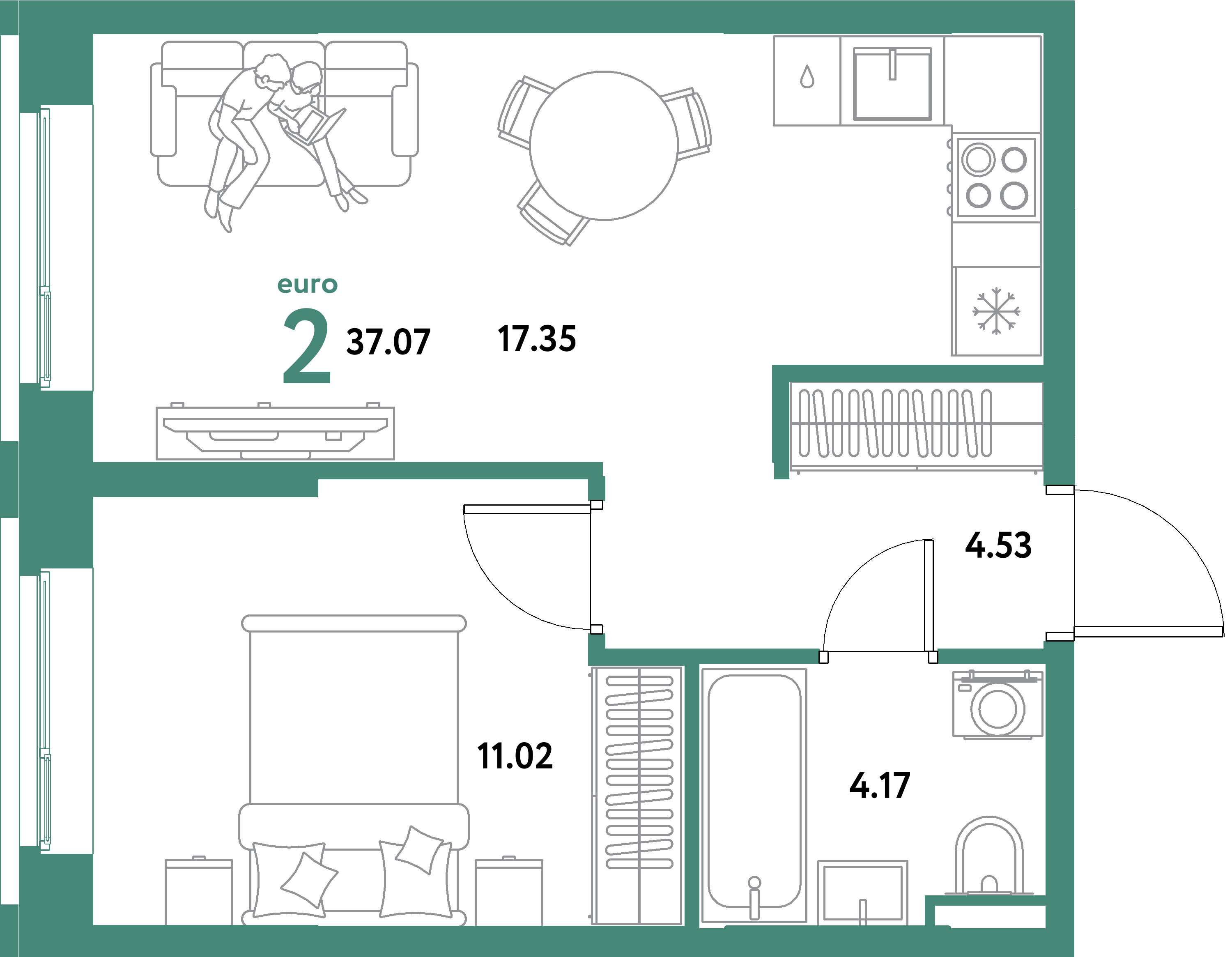 ЖК "Остров-сад"-2-комнатная 37.07 м²