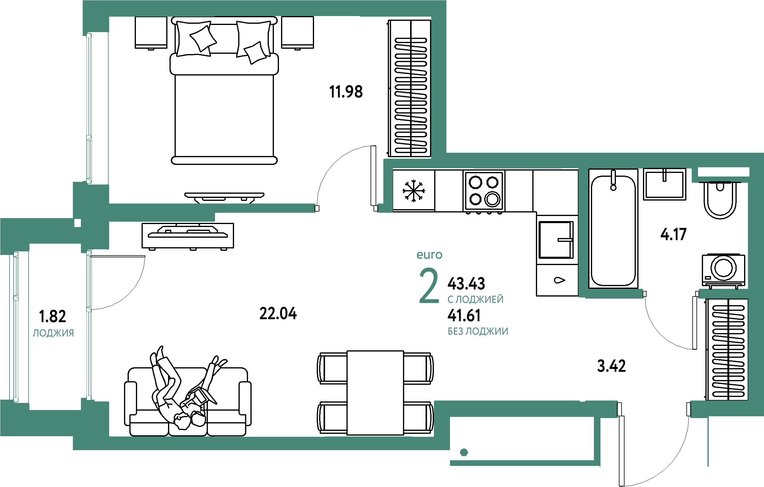 ЖК "Страна.Прибрежная"-2-комнатная 43.43 м²
