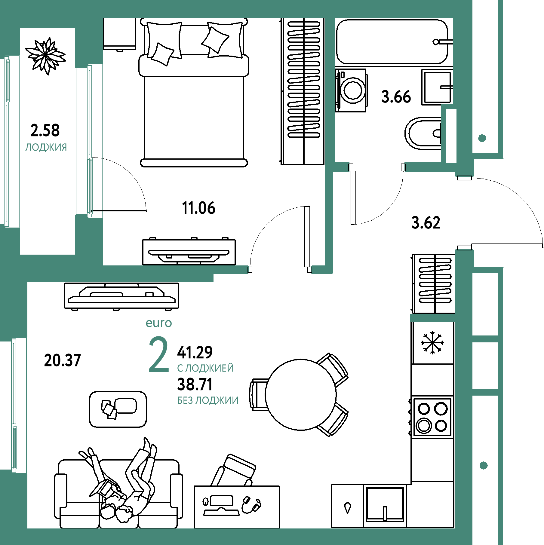 ЖК "Страна.Парковая"-2-комнатная 41.29 м²