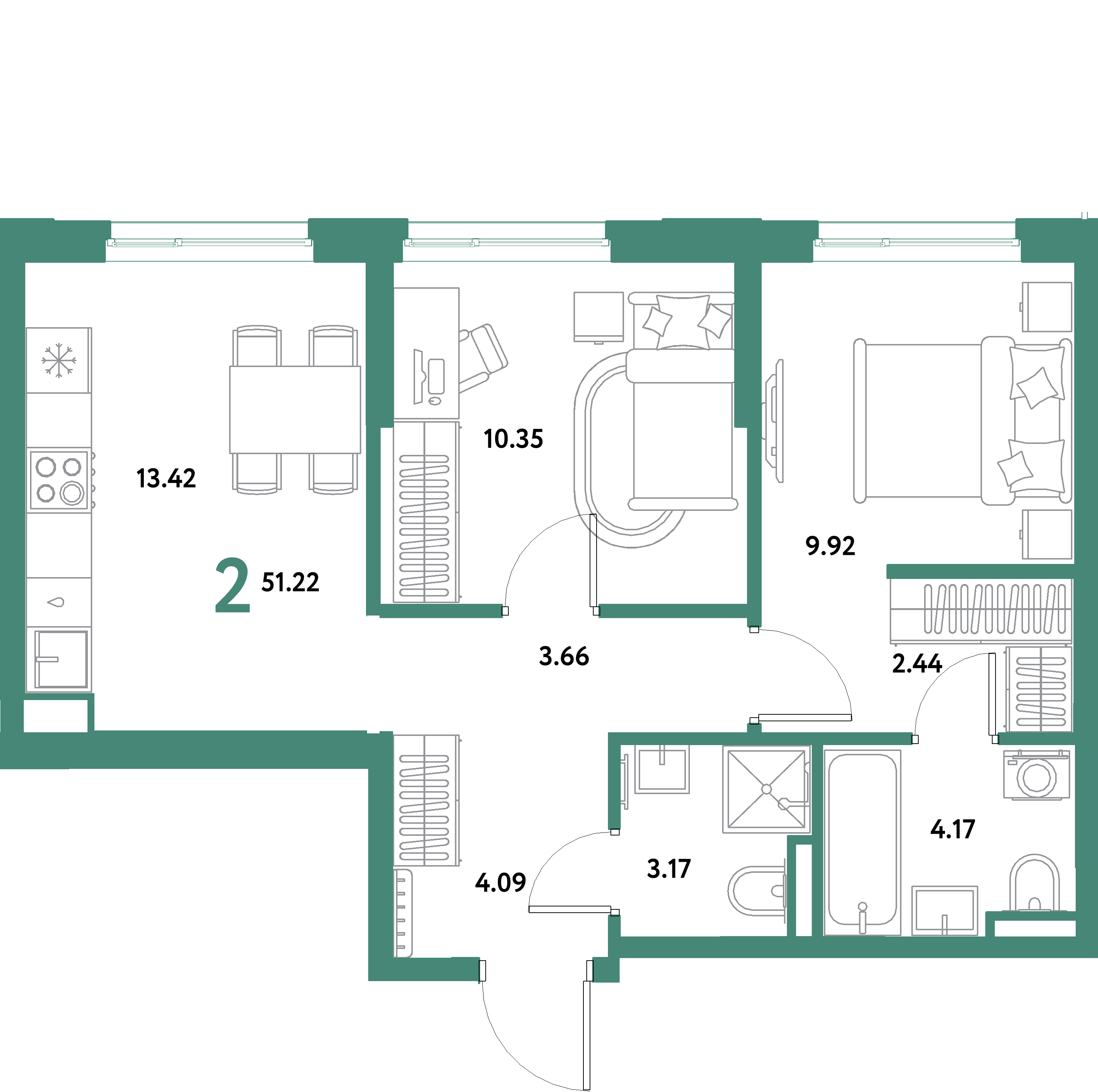 ЖК "Остров-сад"-2-комнатная 51.22 м²