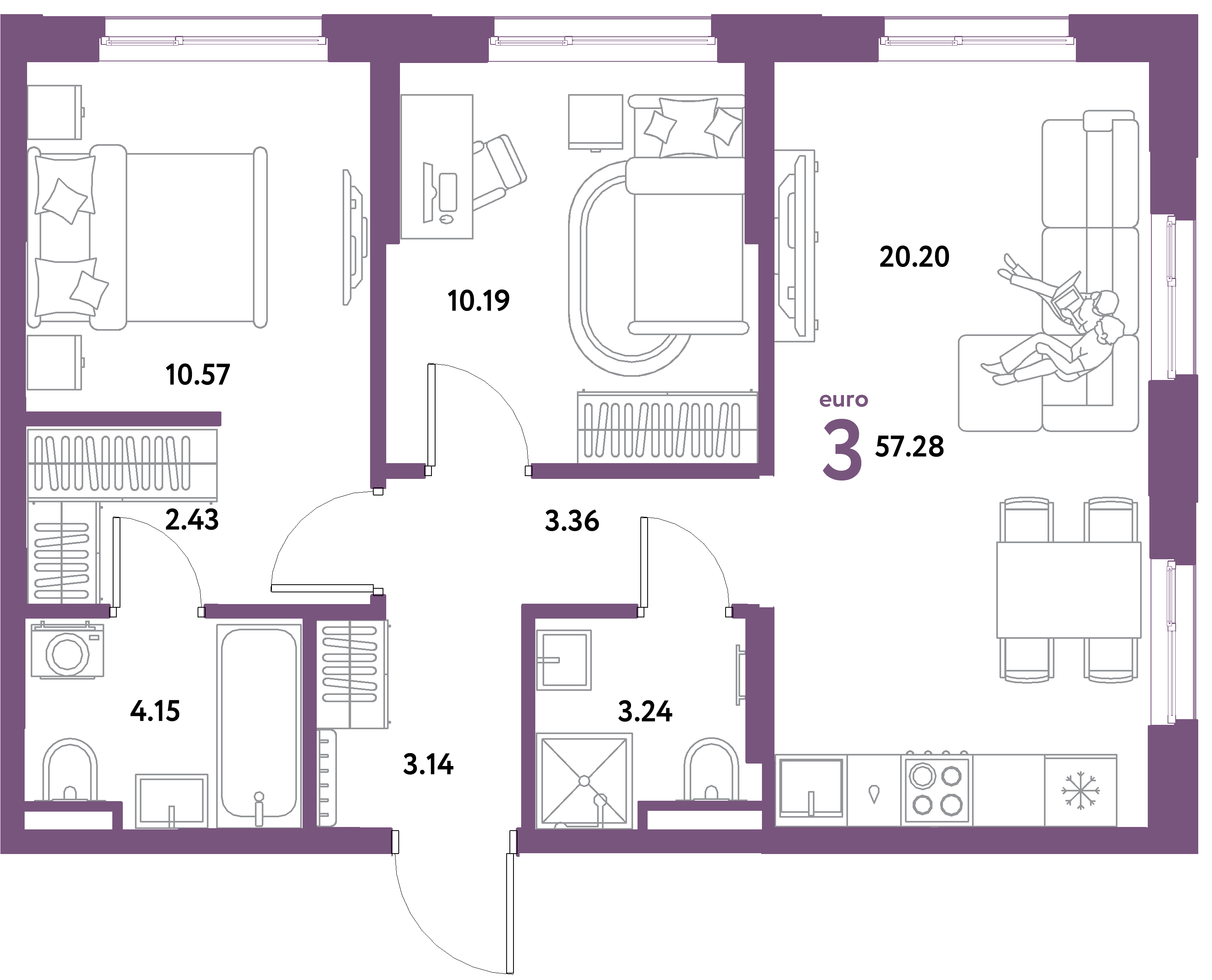 ЖК "Остров-сад"-3-комнатная 57.28 м²