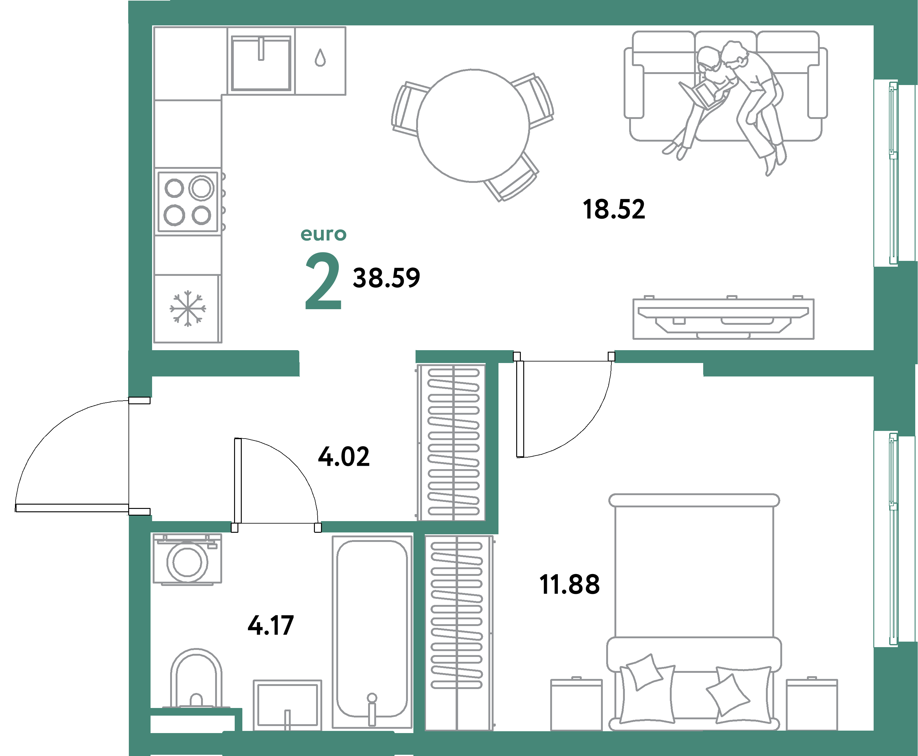 ЖК "Остров-сад"-2-комнатная 38.59 м²